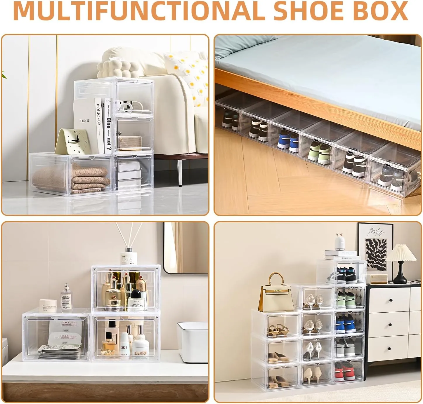 10 Pack Large Shoe Boxes Clear Plastic Stackable，Drop Front Shoe Box with Clear Door, Shoe Containers For Sneaker Display,Fit up to US Size12 (clear, 10 pack)