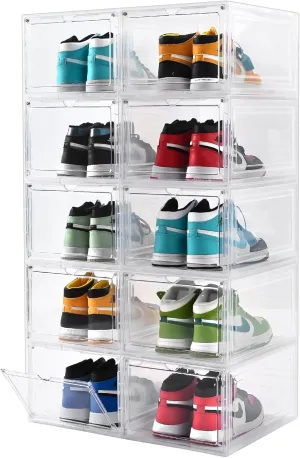 10 Pack Large Shoe Boxes Clear Plastic Stackable，Drop Front Shoe Box with Clear Door, Shoe Containers For Sneaker Display,Fit up to US Size12 (clear, 10 pack)