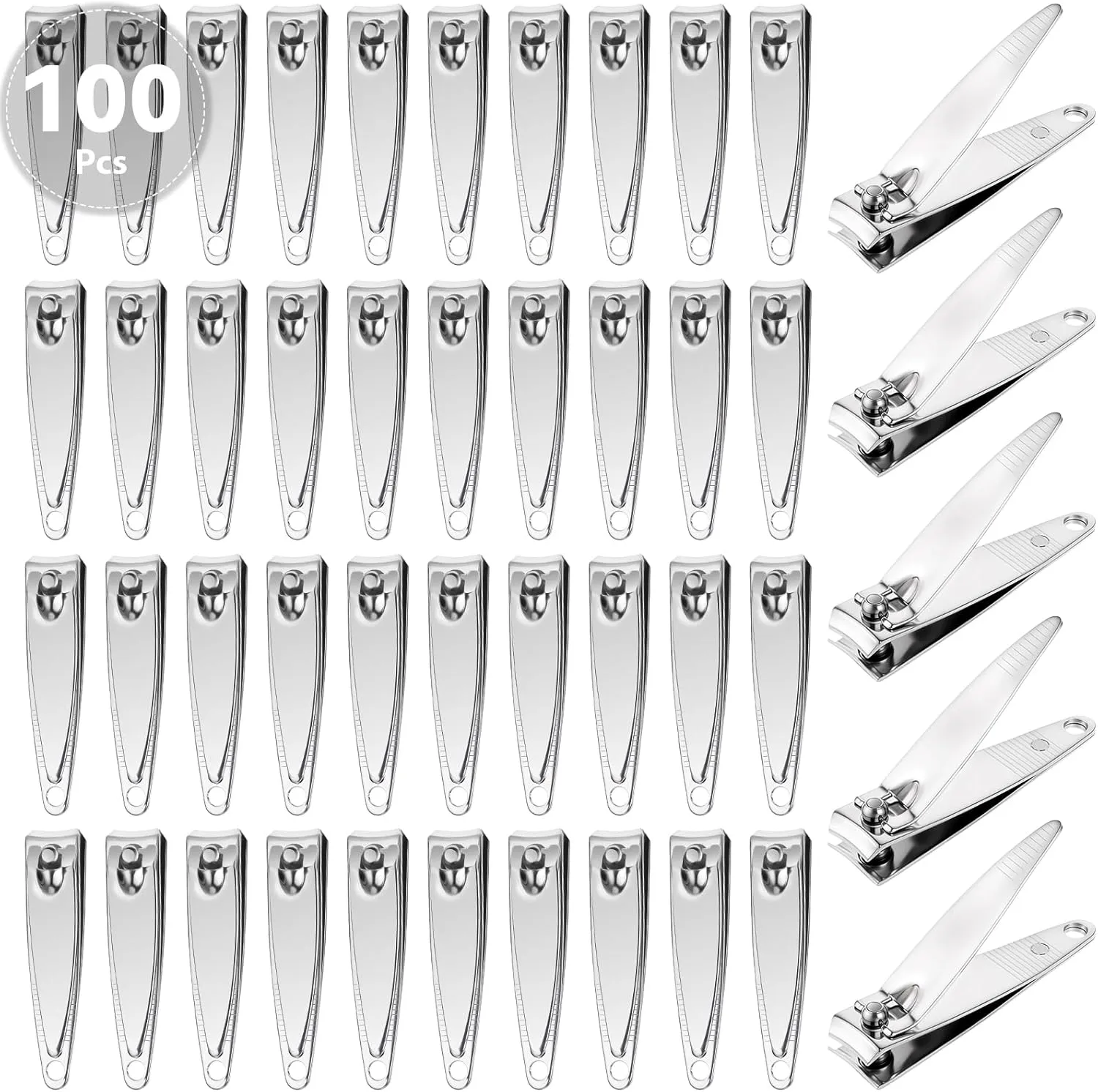 100 Pieces Nail Clippers Bulk Stainless Steel Clippers Flat Fingernail Clipper Portable Travel Fingernails Pointed Manicure Pedicure Sturdy Trimmer Set Nail Cutter Tool Set for Men Women