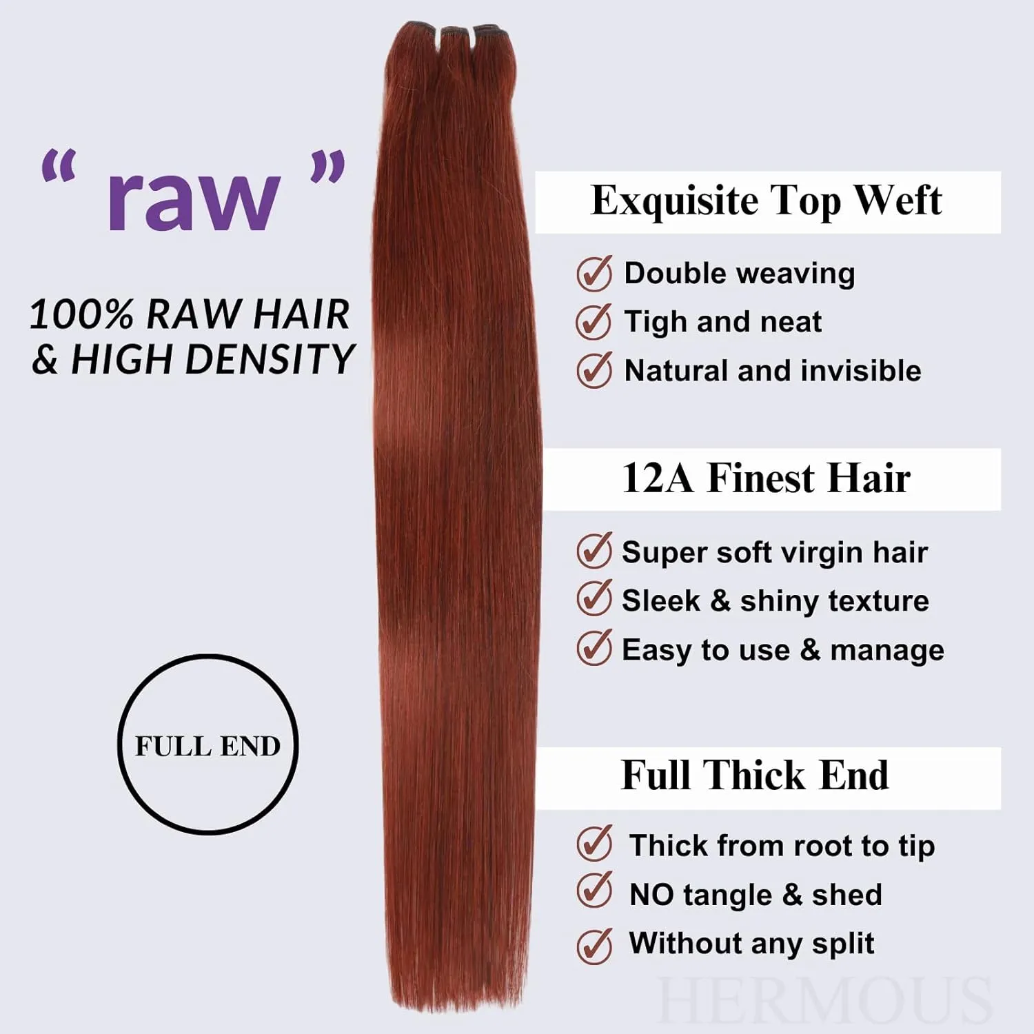 12A Double Drawn Reddish Brown Bundles Human Hair, Soft and Fullness Copper Red Color 100% Raw Remy Hair Weave Auburn Brown 33B Colored Single Straight Bundle 10 Inch Sew In