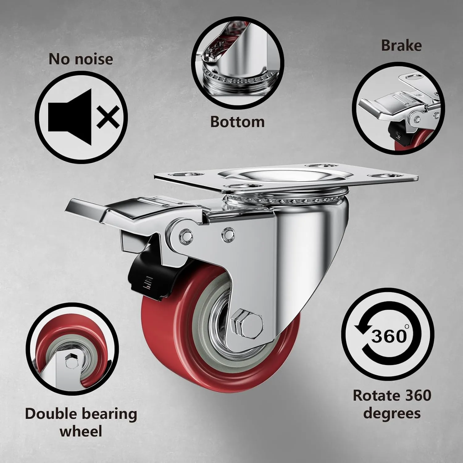 2 Inch Caster Wheels, Casters Set of 8, ASHGOOB Red Polyurethane (PU) Casters with Brake Heavy Duty, Industrial Locking Swivel Top Plate Castor Wheels for Workbench/Furniture/Cart