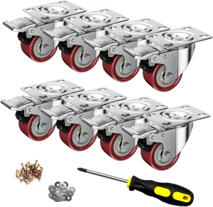 2 Inch Caster Wheels, Casters Set of 8, ASHGOOB Red Polyurethane (PU) Casters with Brake Heavy Duty, Industrial Locking Swivel Top Plate Castor Wheels for Workbench/Furniture/Cart