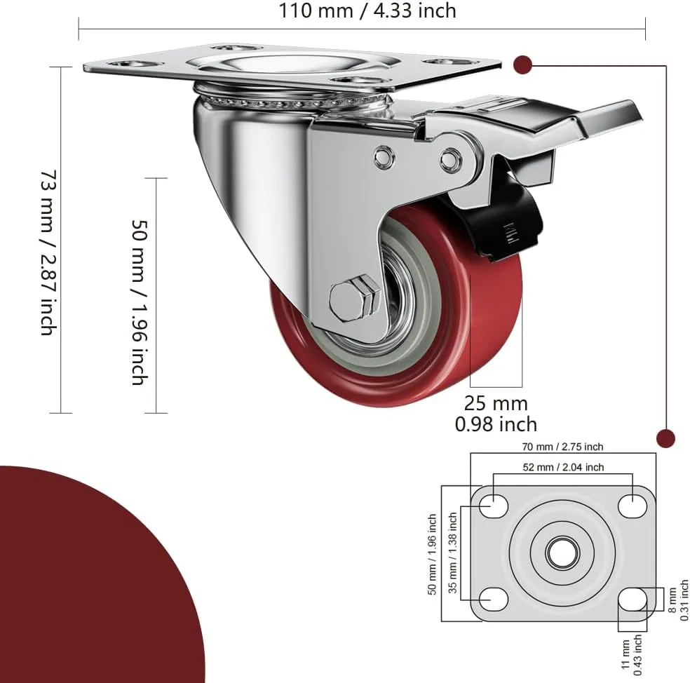 2 Inch Caster Wheels, Casters Set of 8, ASHGOOB Red Polyurethane (PU) Casters with Brake Heavy Duty, Industrial Locking Swivel Top Plate Castor Wheels for Workbench/Furniture/Cart