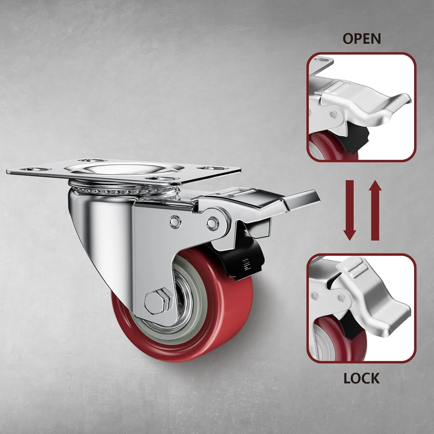 2 Inch Caster Wheels, Casters Set of 8, ASHGOOB Red Polyurethane (PU) Casters with Brake Heavy Duty, Industrial Locking Swivel Top Plate Castor Wheels for Workbench/Furniture/Cart