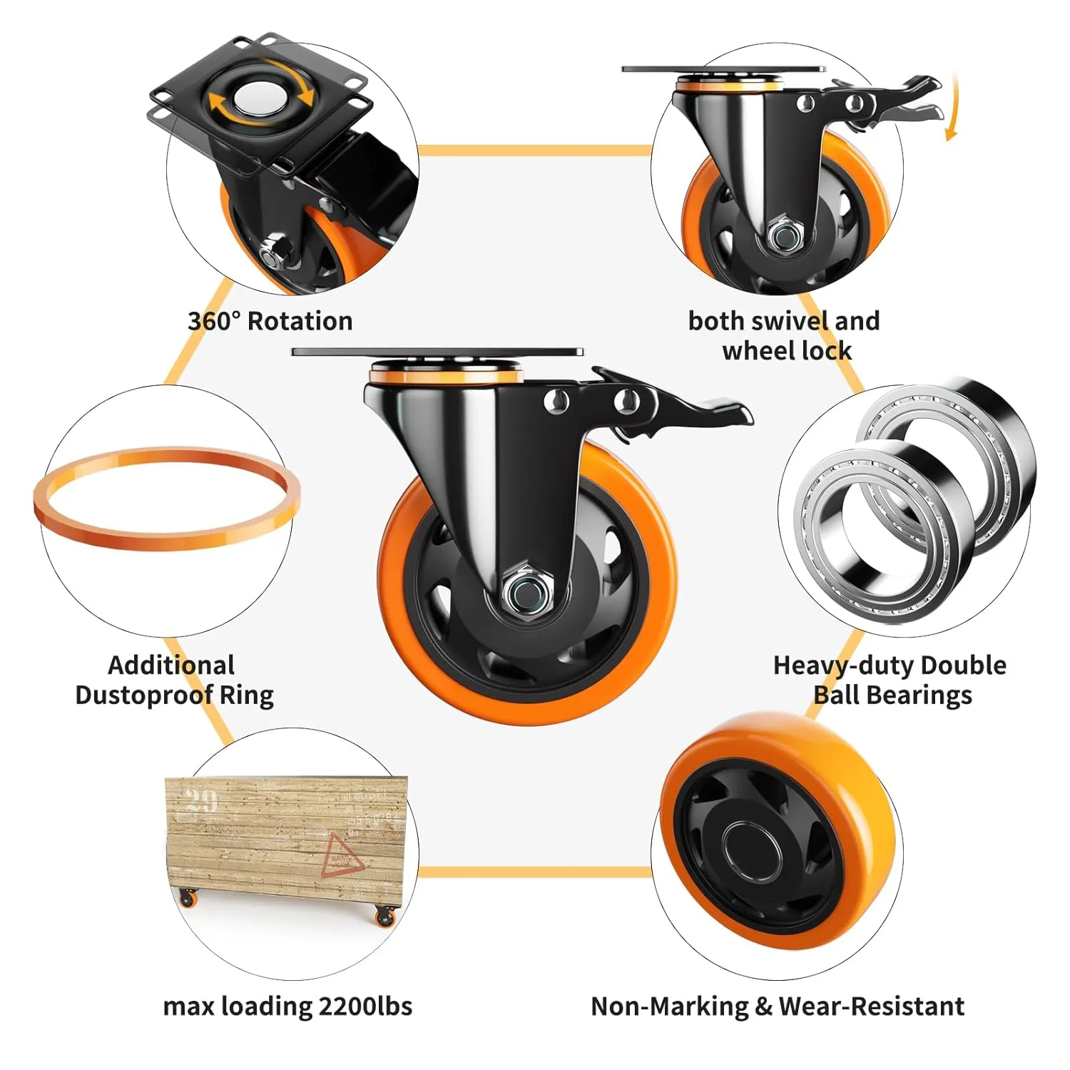 4 Inch Caster Wheels, Casters Set of 4, Heavy Duty Casters with Brake 2200 Lbs, Locking Industrial Swivel Top Plate Casters Wheels for Furniture and Workbench Cart(Two Hardware Kits Include)