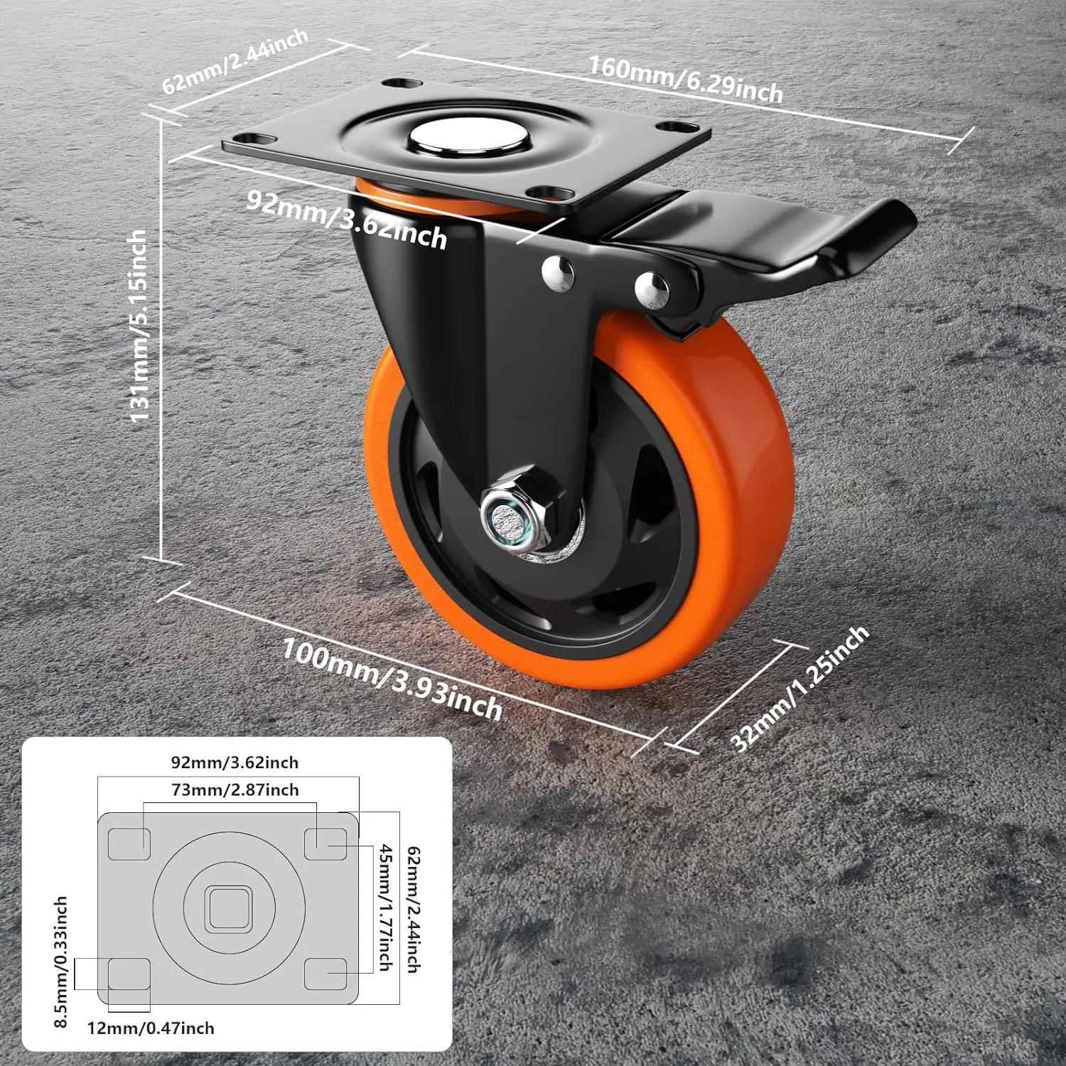 4 Inch Caster Wheels, Casters Set of 4, Heavy Duty Casters with Brake 2200 Lbs, Locking Industrial Swivel Top Plate Casters Wheels for Furniture and Workbench Cart(Two Hardware Kits Include)