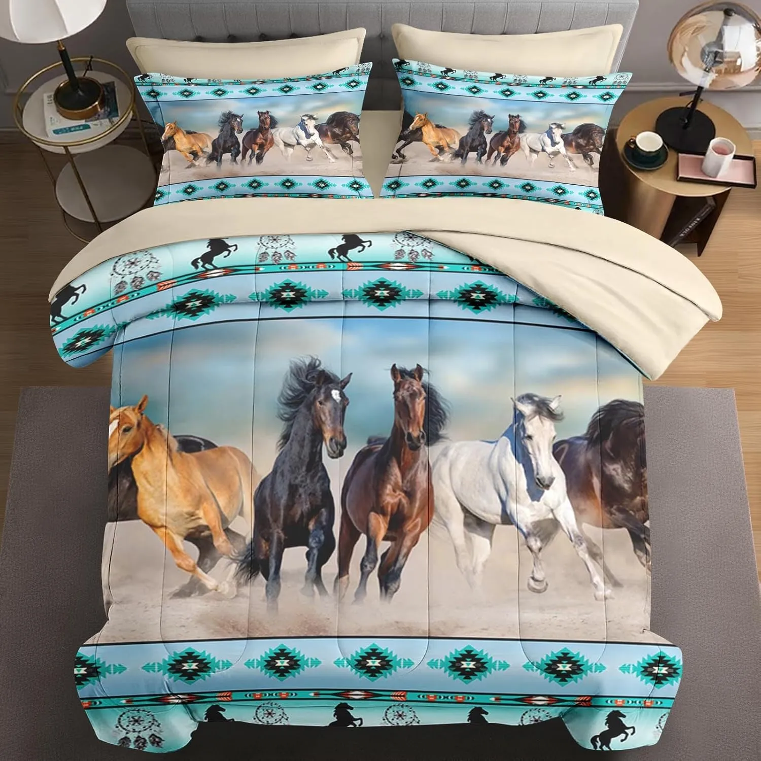 7 Pcs Queen Size Comforter Set with 2 Pillowcases & 2 Shams, Horses Desert Animal Bedding for Kids and Adults, Tribal Farm Sunset Run Bed in a Bag with Flat Fitted Sheet