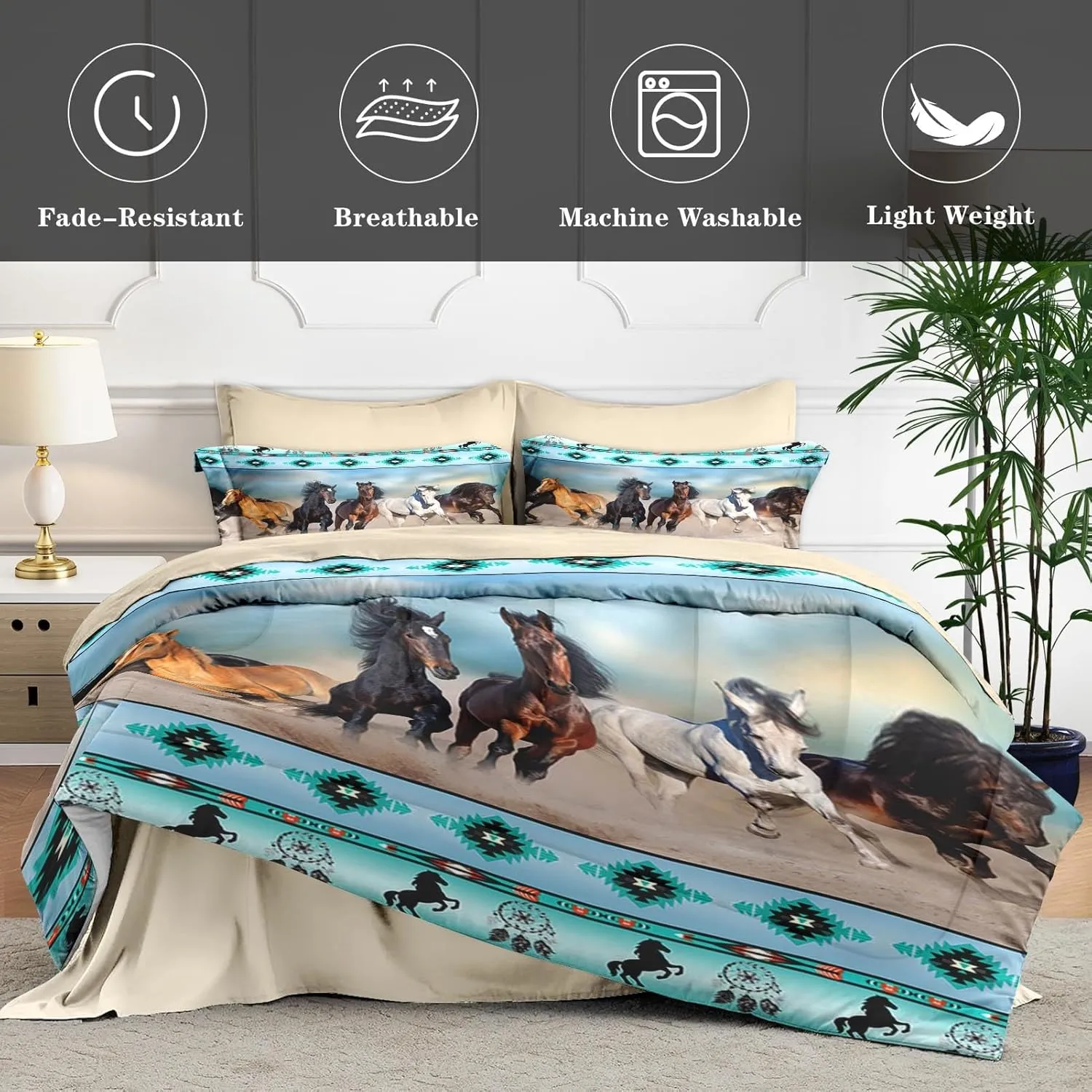 7 Pcs Queen Size Comforter Set with 2 Pillowcases & 2 Shams, Horses Desert Animal Bedding for Kids and Adults, Tribal Farm Sunset Run Bed in a Bag with Flat Fitted Sheet