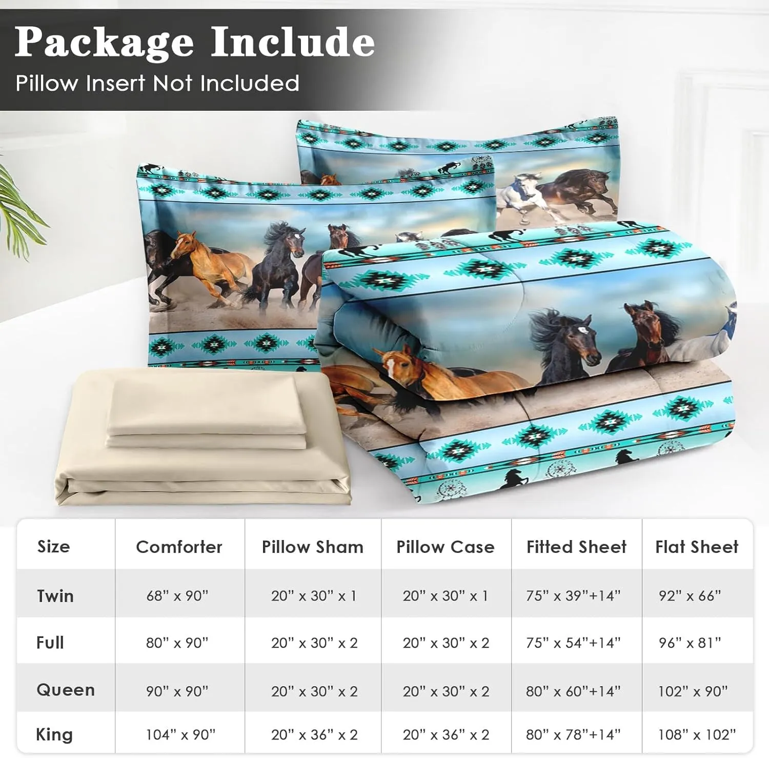 7 Pcs Queen Size Comforter Set with 2 Pillowcases & 2 Shams, Horses Desert Animal Bedding for Kids and Adults, Tribal Farm Sunset Run Bed in a Bag with Flat Fitted Sheet
