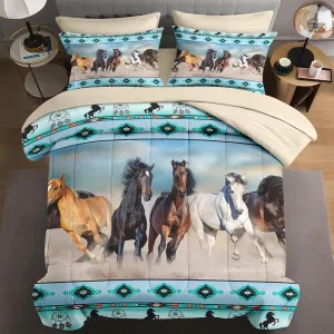 7 Pcs Queen Size Comforter Set with 2 Pillowcases & 2 Shams, Horses Desert Animal Bedding for Kids and Adults, Tribal Farm Sunset Run Bed in a Bag with Flat Fitted Sheet
