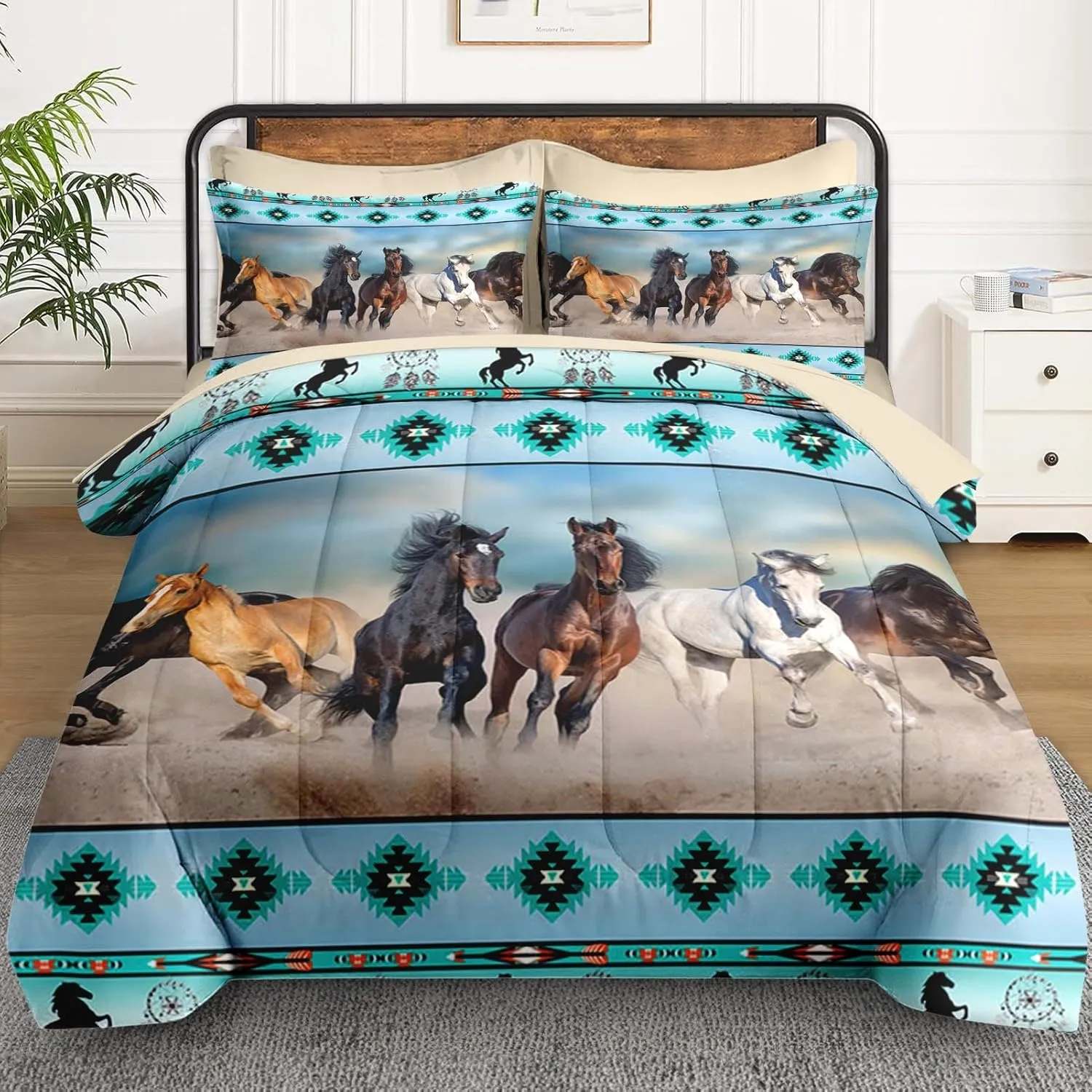 7 Pcs Queen Size Comforter Set with 2 Pillowcases & 2 Shams, Horses Desert Animal Bedding for Kids and Adults, Tribal Farm Sunset Run Bed in a Bag with Flat Fitted Sheet