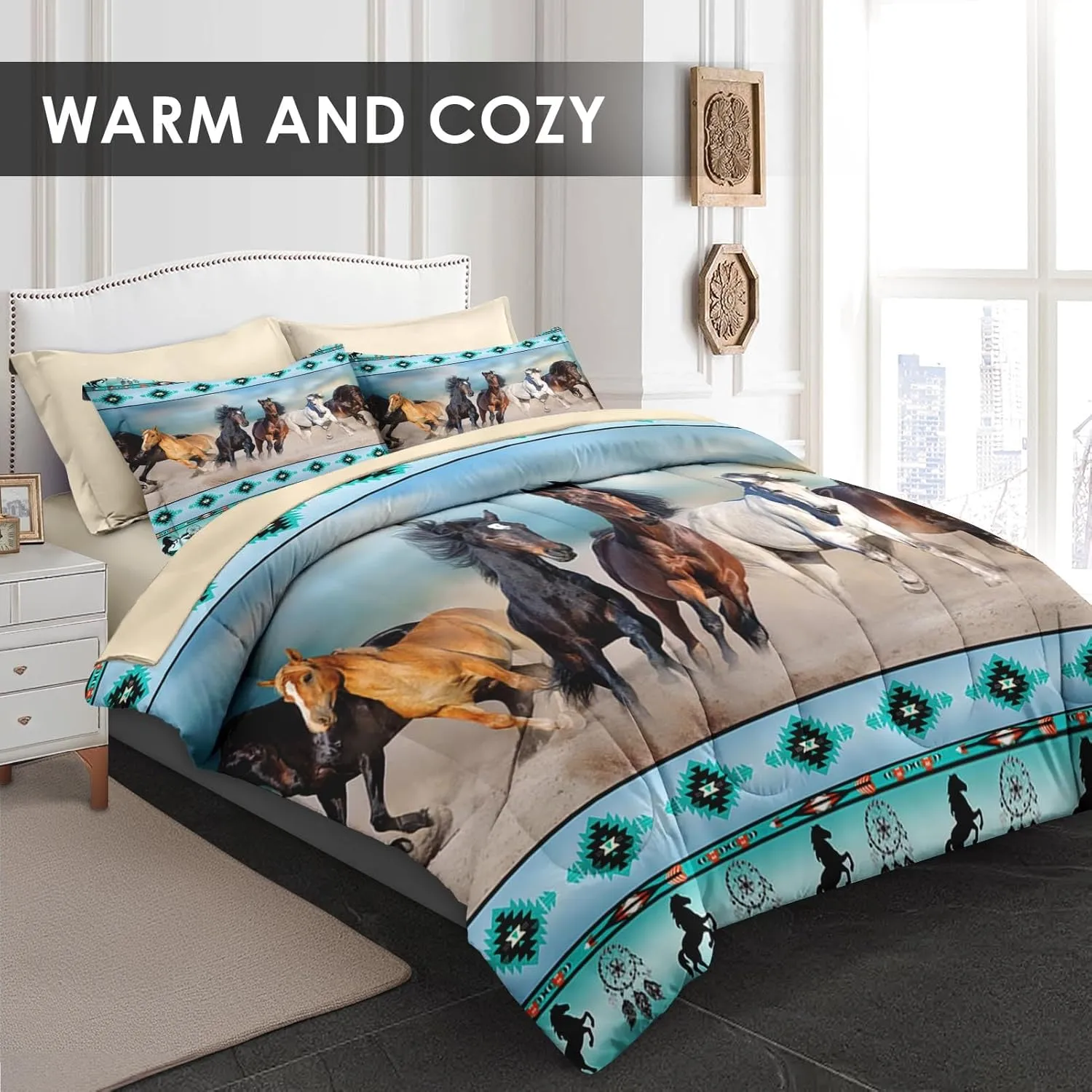 7 Pcs Queen Size Comforter Set with 2 Pillowcases & 2 Shams, Horses Desert Animal Bedding for Kids and Adults, Tribal Farm Sunset Run Bed in a Bag with Flat Fitted Sheet