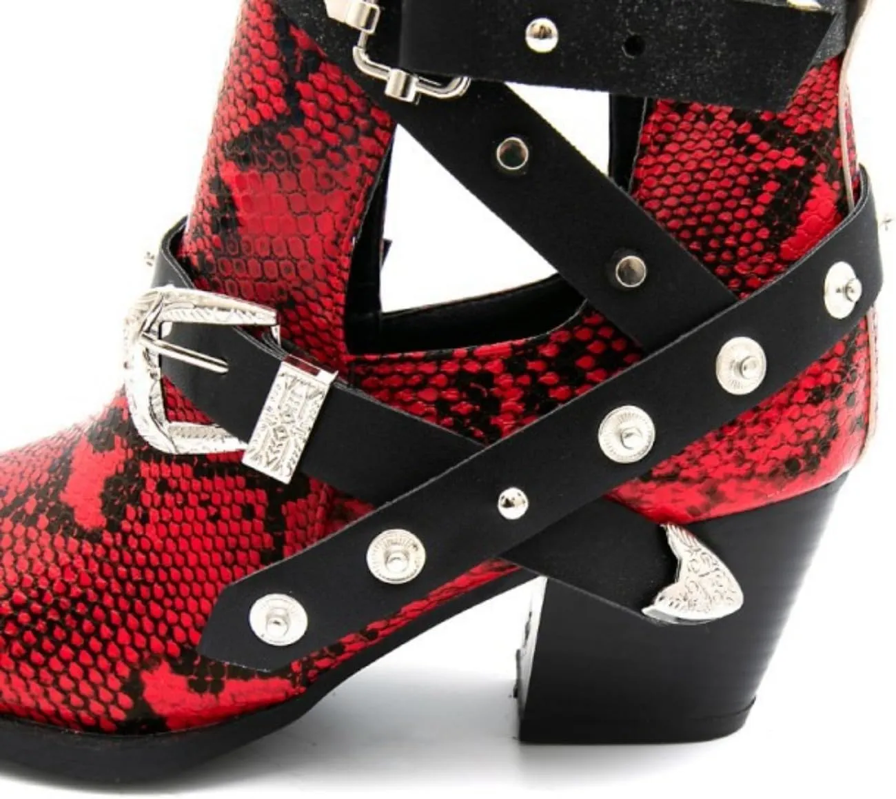 Aflngle Women's Chunky Heel Block Snakeskin Printed Ankle Boots Pointed Closed Toe Cutout Low Heel Slip on Chelsea Short Boots Rivet Western Cowboy Boots