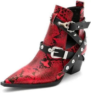 Aflngle Women's Chunky Heel Block Snakeskin Printed Ankle Boots Pointed Closed Toe Cutout Low Heel Slip on Chelsea Short Boots Rivet Western Cowboy Boots