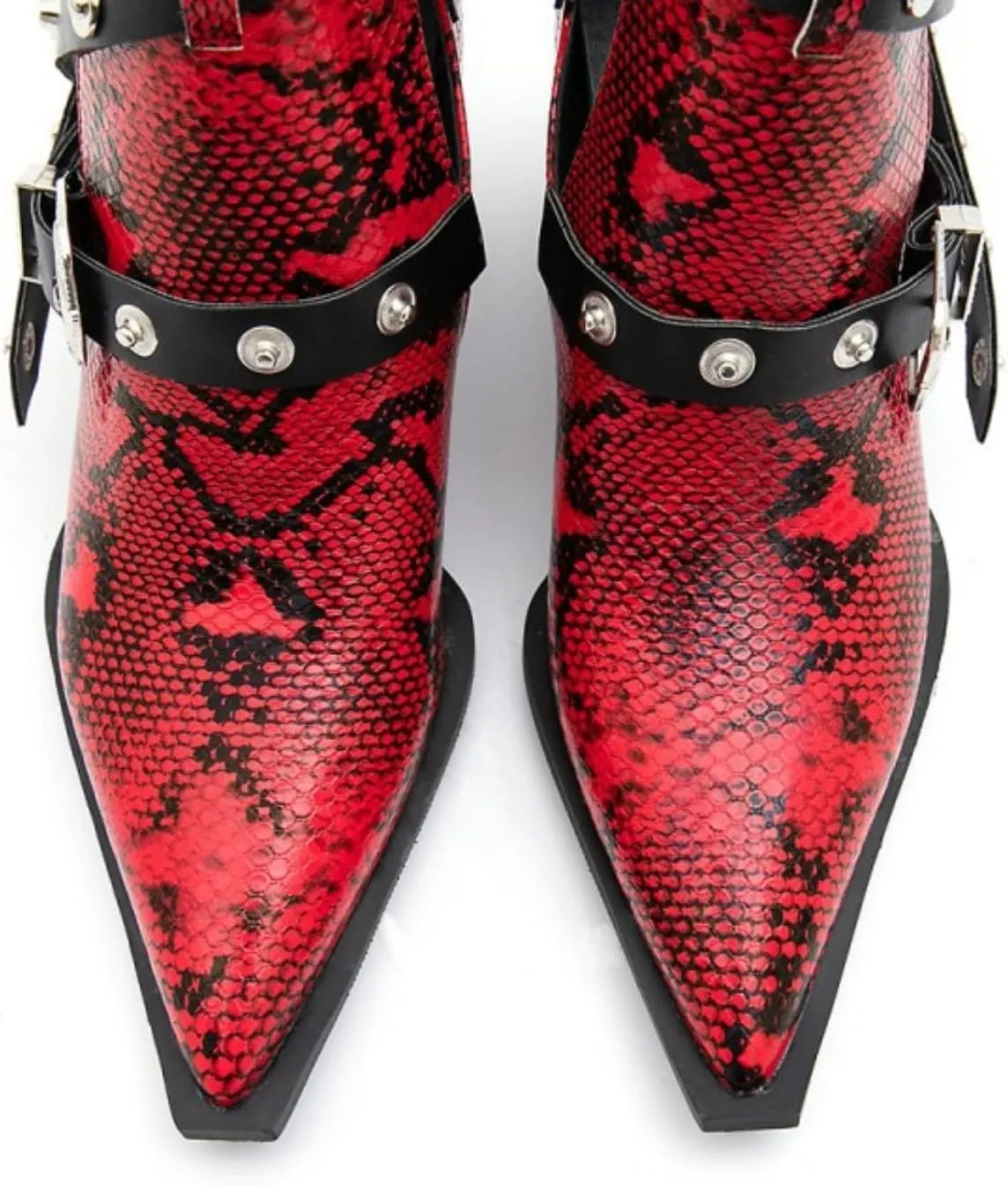 Aflngle Women's Chunky Heel Block Snakeskin Printed Ankle Boots Pointed Closed Toe Cutout Low Heel Slip on Chelsea Short Boots Rivet Western Cowboy Boots