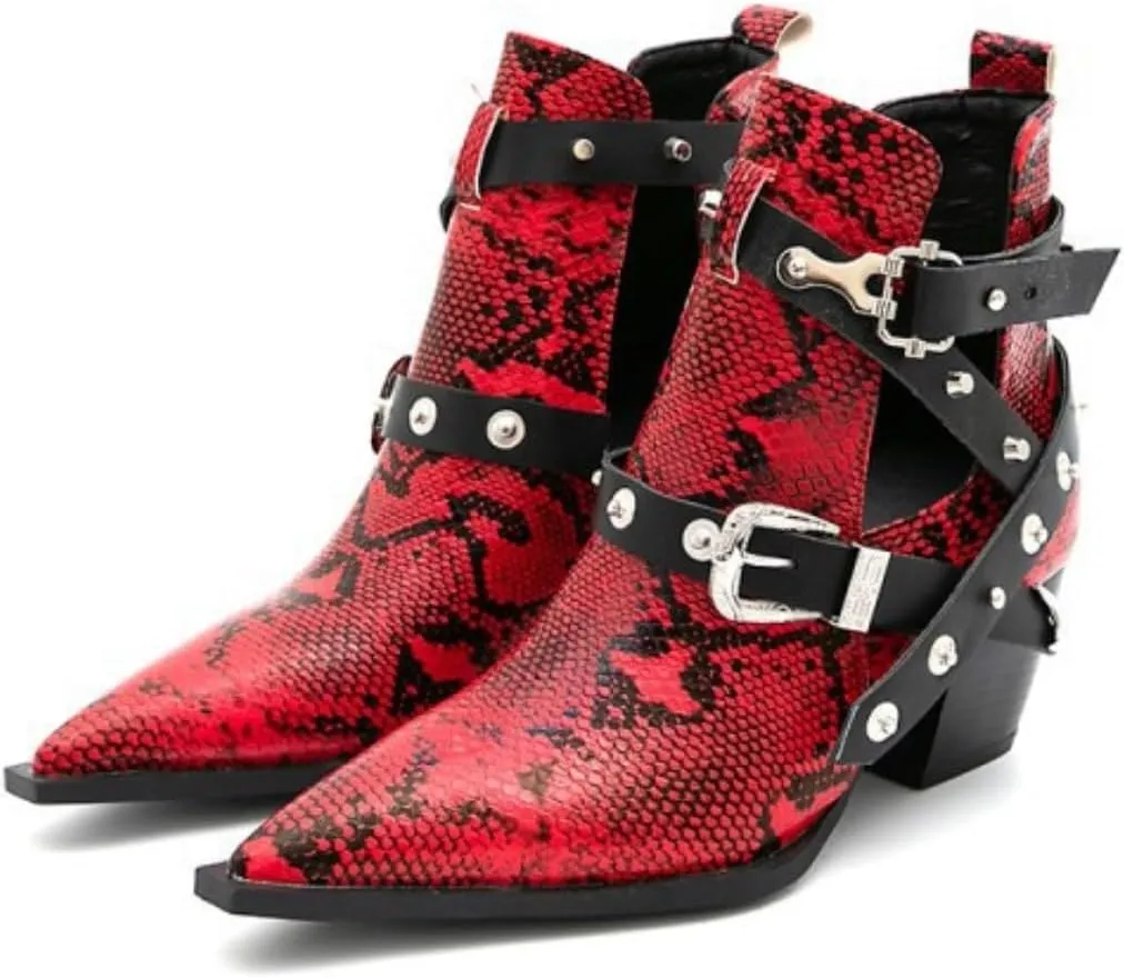 Aflngle Women's Chunky Heel Block Snakeskin Printed Ankle Boots Pointed Closed Toe Cutout Low Heel Slip on Chelsea Short Boots Rivet Western Cowboy Boots