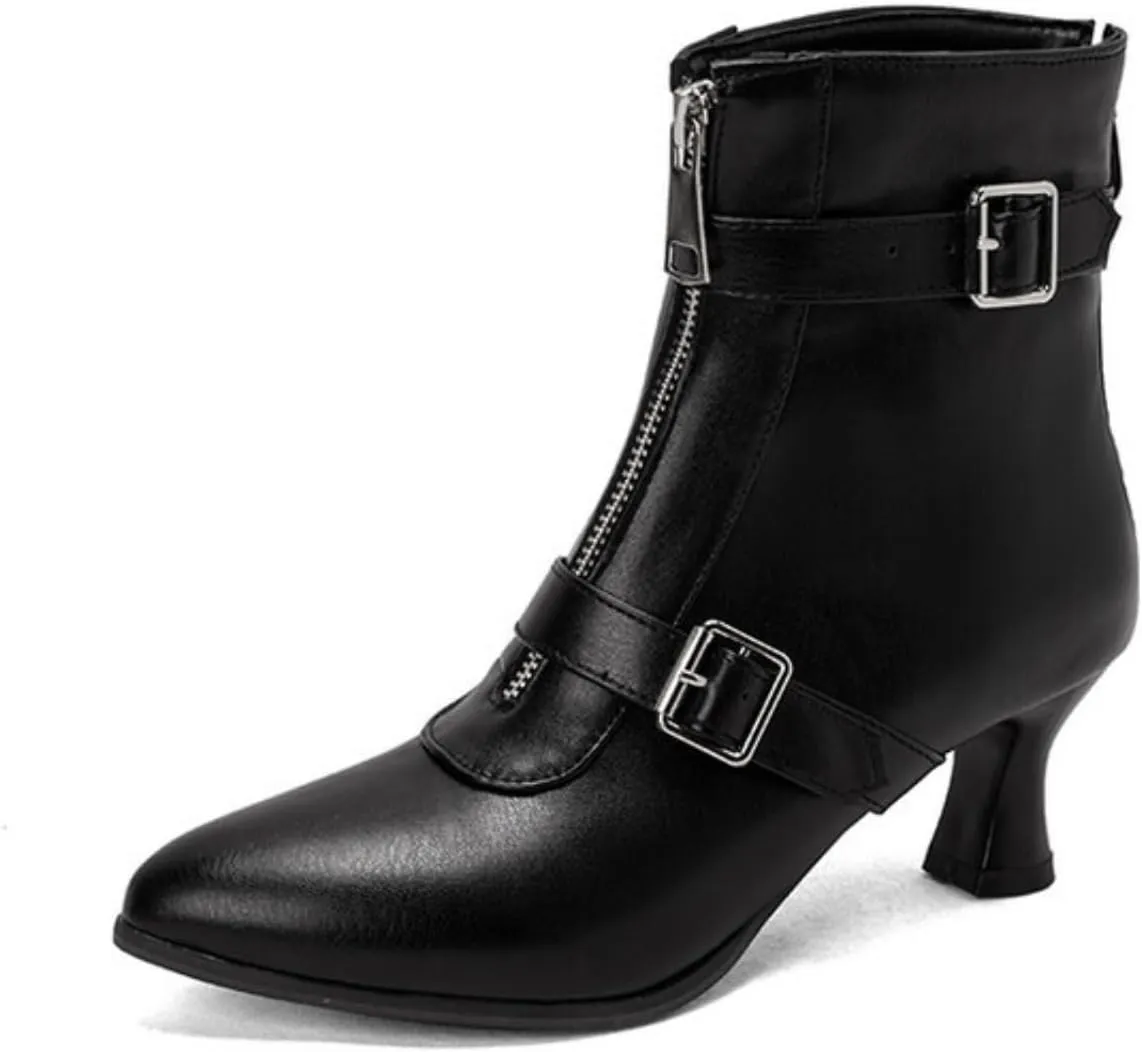 Aflngle Women's Sexy Kitten Low Heel Back Zipper Ankle Boots Pointed Closed Toe Chunky Buckle Short Booties Fashion Evening Party Prom Dress Shoes
