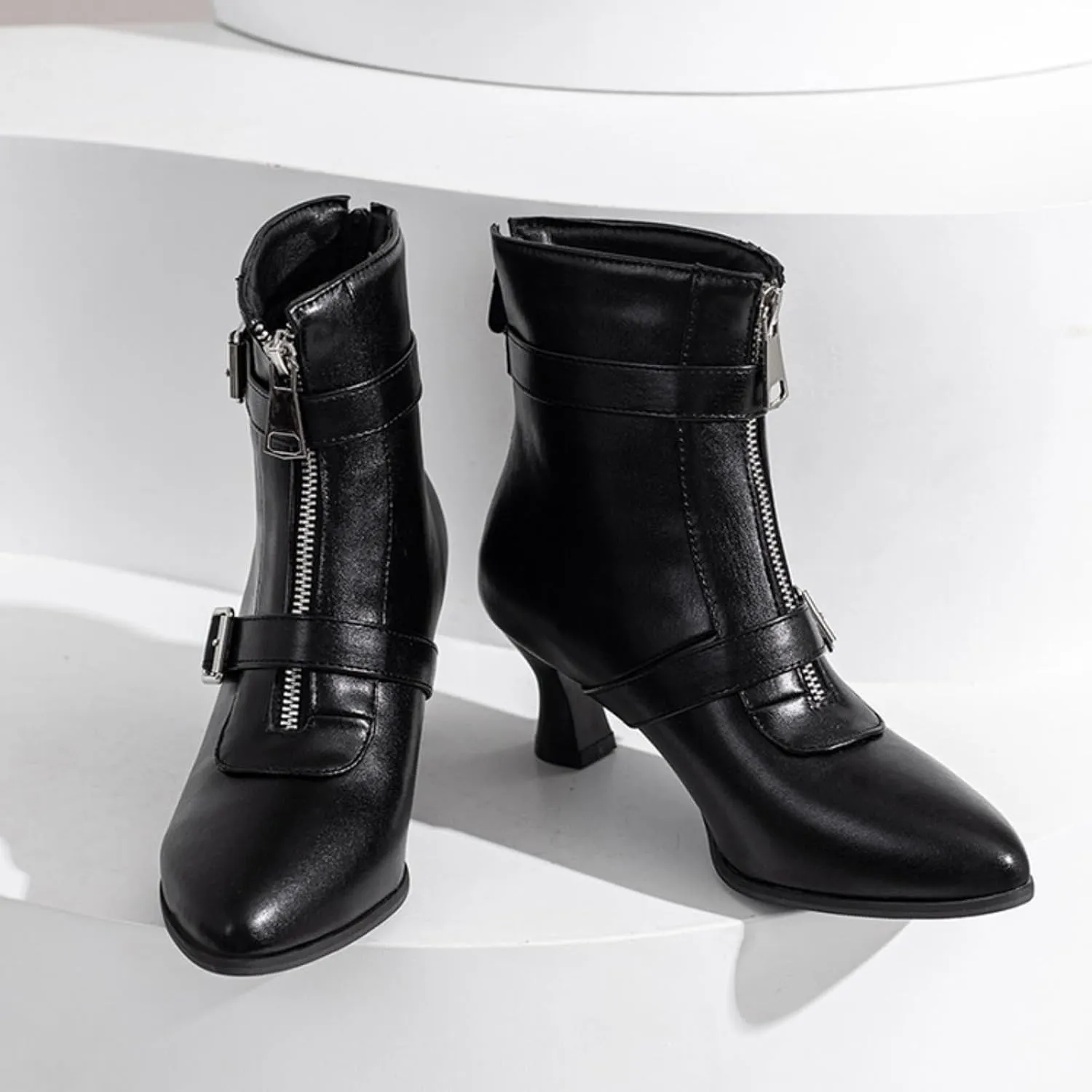 Aflngle Women's Sexy Kitten Low Heel Back Zipper Ankle Boots Pointed Closed Toe Chunky Buckle Short Booties Fashion Evening Party Prom Dress Shoes