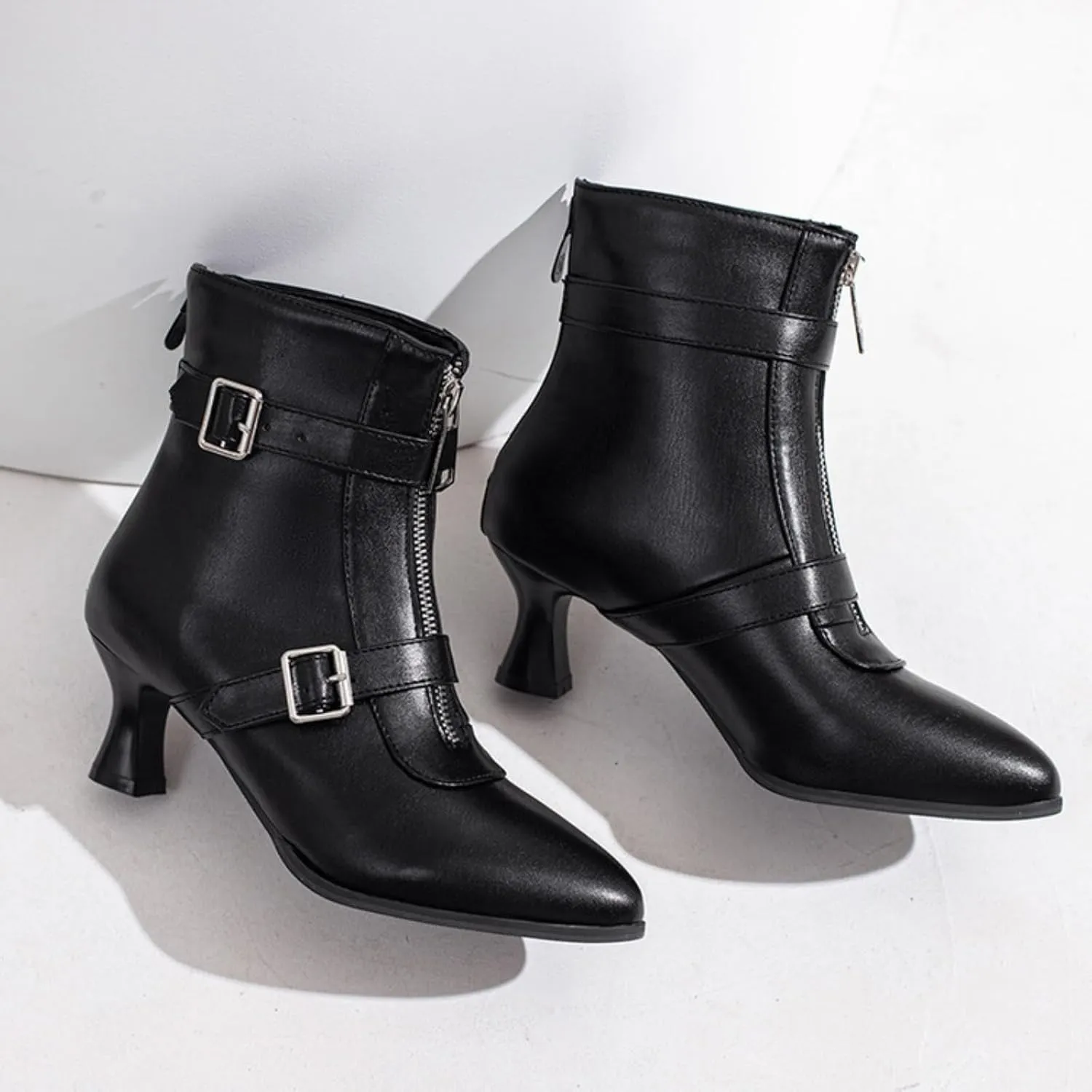 Aflngle Women's Sexy Kitten Low Heel Back Zipper Ankle Boots Pointed Closed Toe Chunky Buckle Short Booties Fashion Evening Party Prom Dress Shoes