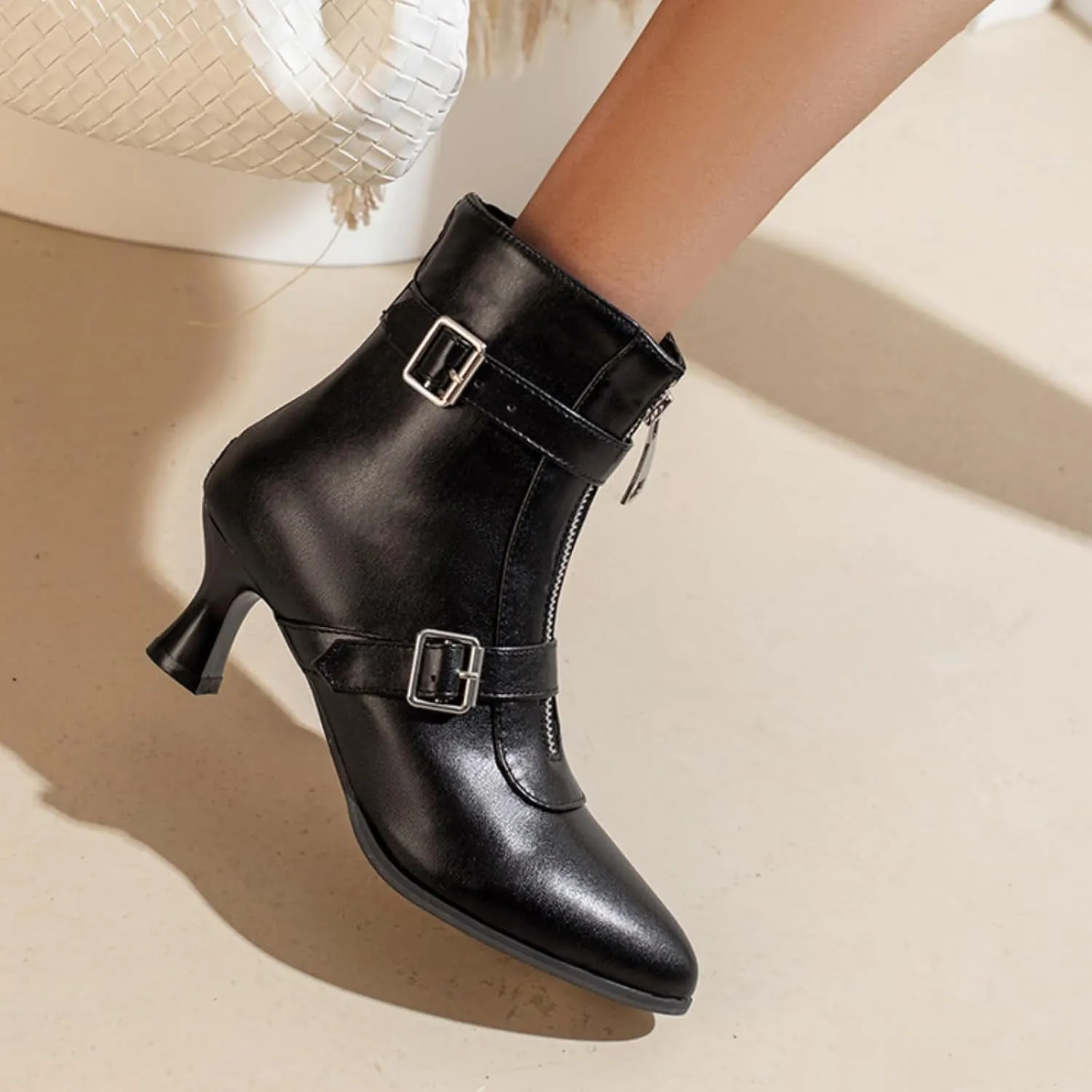 Aflngle Women's Sexy Kitten Low Heel Back Zipper Ankle Boots Pointed Closed Toe Chunky Buckle Short Booties Fashion Evening Party Prom Dress Shoes