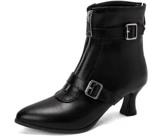 Aflngle Women's Sexy Kitten Low Heel Back Zipper Ankle Boots Pointed Closed Toe Chunky Buckle Short Booties Fashion Evening Party Prom Dress Shoes