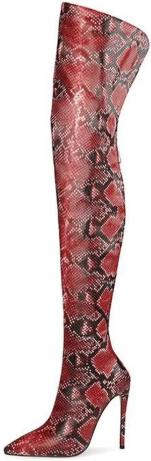 Aflngle Women's Snakeskin Pattern Over The Knee Boots Sexy Pointed Toe Stiletto High Heel Back Zipper Tall Boot Fashion Snake Print Thigh Long Booties