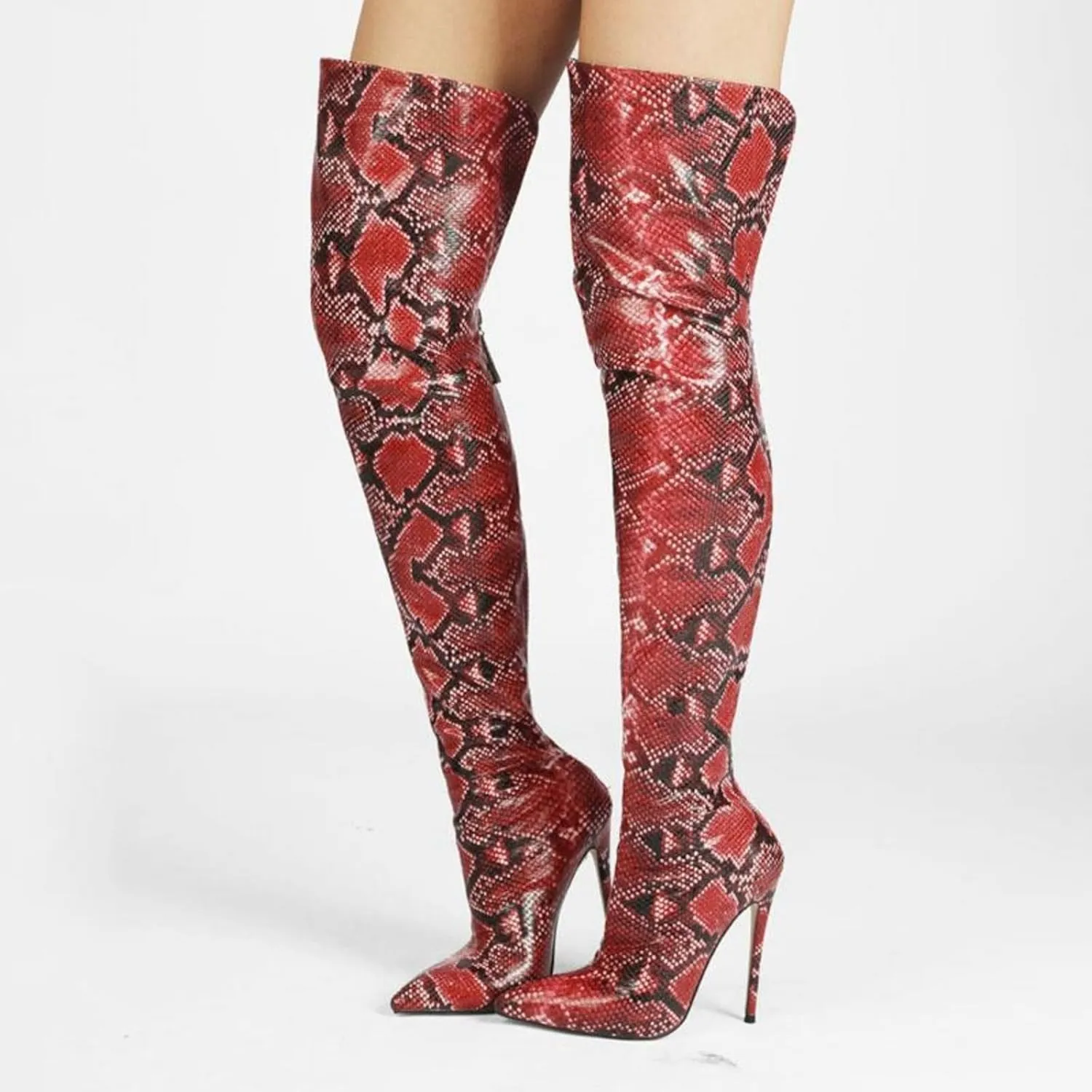 Aflngle Women's Snakeskin Pattern Over The Knee Boots Sexy Pointed Toe Stiletto High Heel Back Zipper Tall Boot Fashion Snake Print Thigh Long Booties