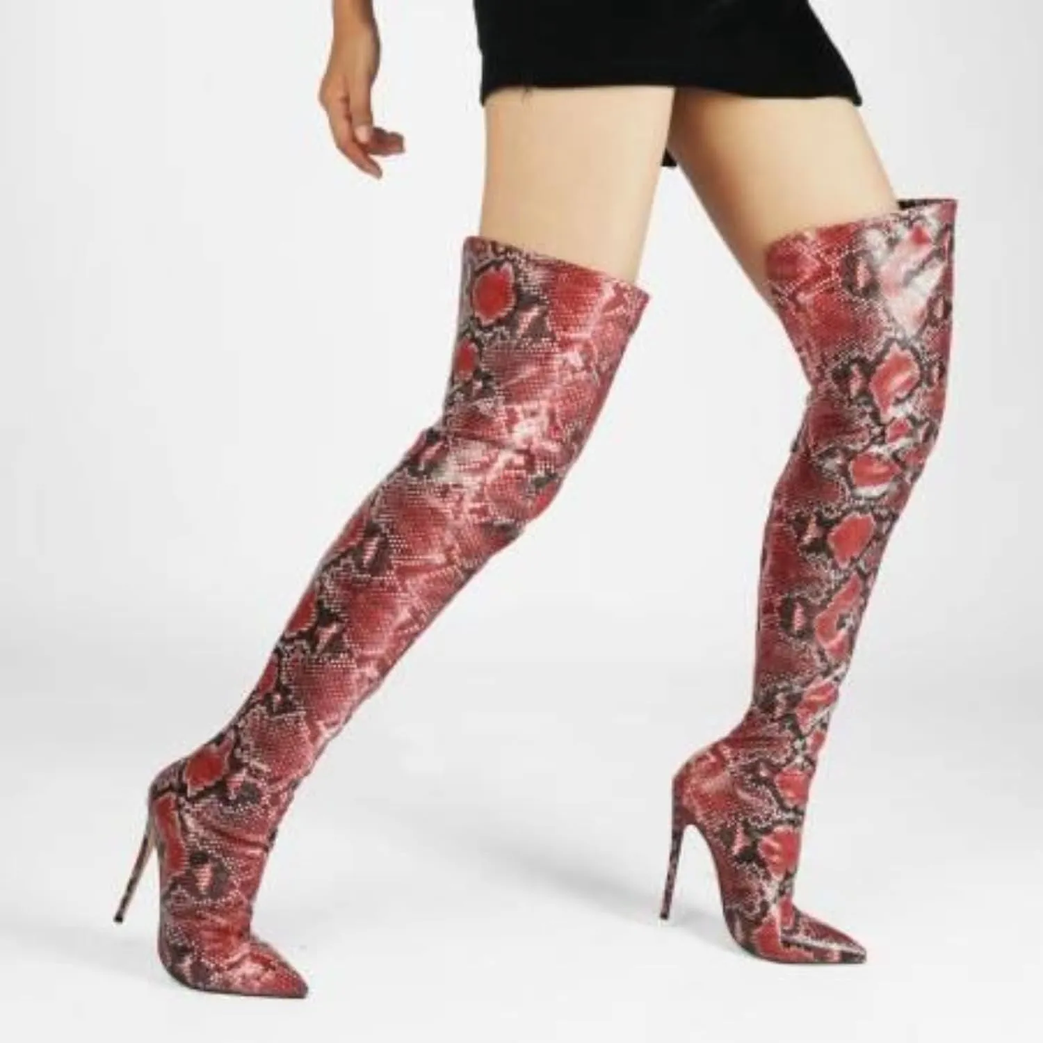 Aflngle Women's Snakeskin Pattern Over The Knee Boots Sexy Pointed Toe Stiletto High Heel Back Zipper Tall Boot Fashion Snake Print Thigh Long Booties