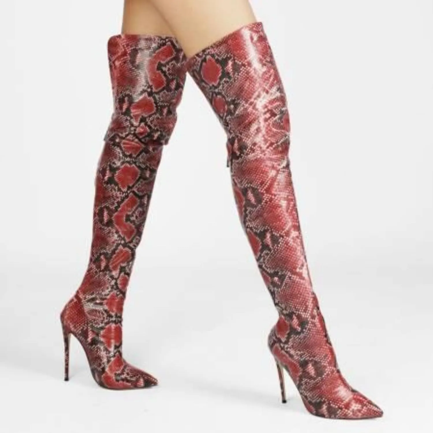 Aflngle Women's Snakeskin Pattern Over The Knee Boots Sexy Pointed Toe Stiletto High Heel Back Zipper Tall Boot Fashion Snake Print Thigh Long Booties