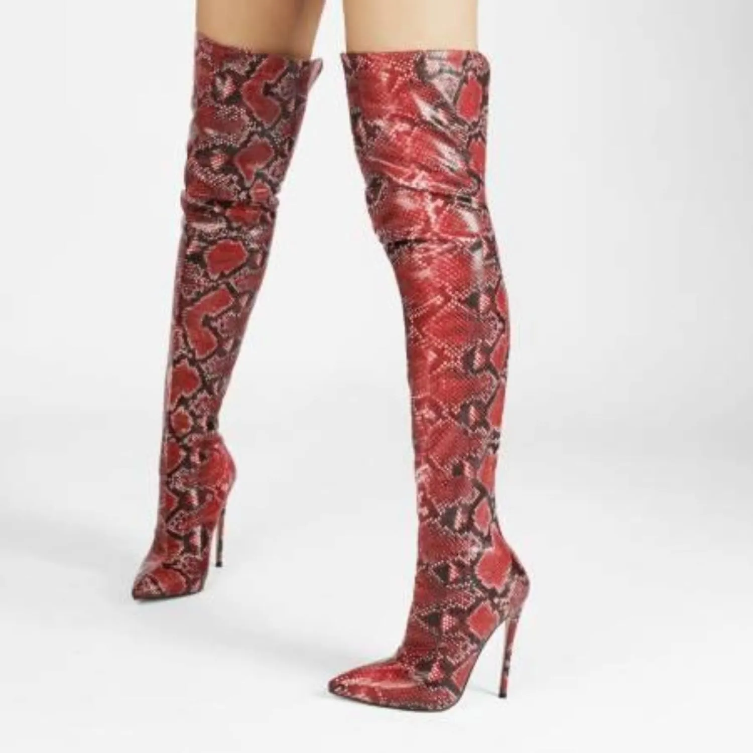 Aflngle Women's Snakeskin Pattern Over The Knee Boots Sexy Pointed Toe Stiletto High Heel Back Zipper Tall Boot Fashion Snake Print Thigh Long Booties