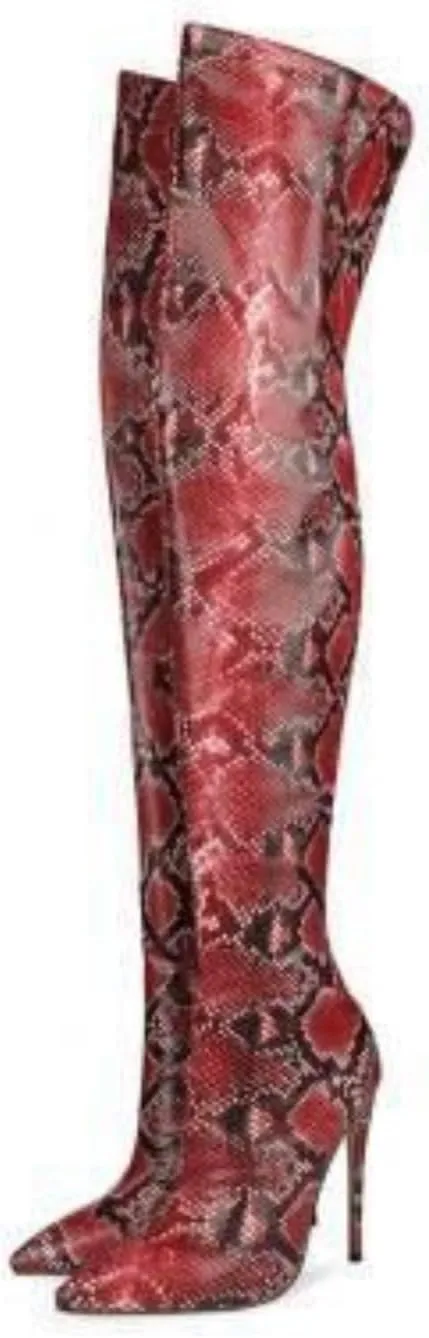 Aflngle Women's Snakeskin Pattern Over The Knee Boots Sexy Pointed Toe Stiletto High Heel Back Zipper Tall Boot Fashion Snake Print Thigh Long Booties