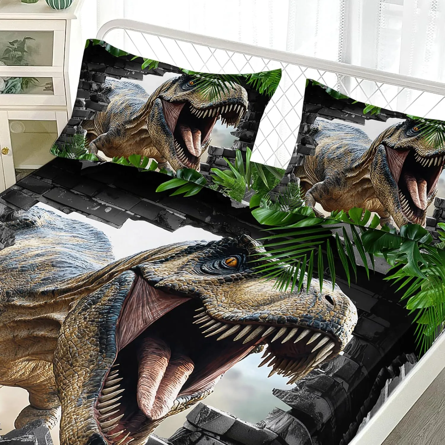 AILONEN Kids Dinosaur Fitted Sheet Set Twin Size, Jungle Plant Dino Bedding Set for Kids Teens Boys,Funny Ancient Animal Bed Sheet Set,1 Fitted Sheet   2 Pillowcases,3Pcs
