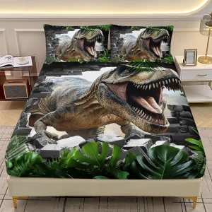 AILONEN Kids Dinosaur Fitted Sheet Set Twin Size, Jungle Plant Dino Bedding Set for Kids Teens Boys,Funny Ancient Animal Bed Sheet Set,1 Fitted Sheet   2 Pillowcases,3Pcs