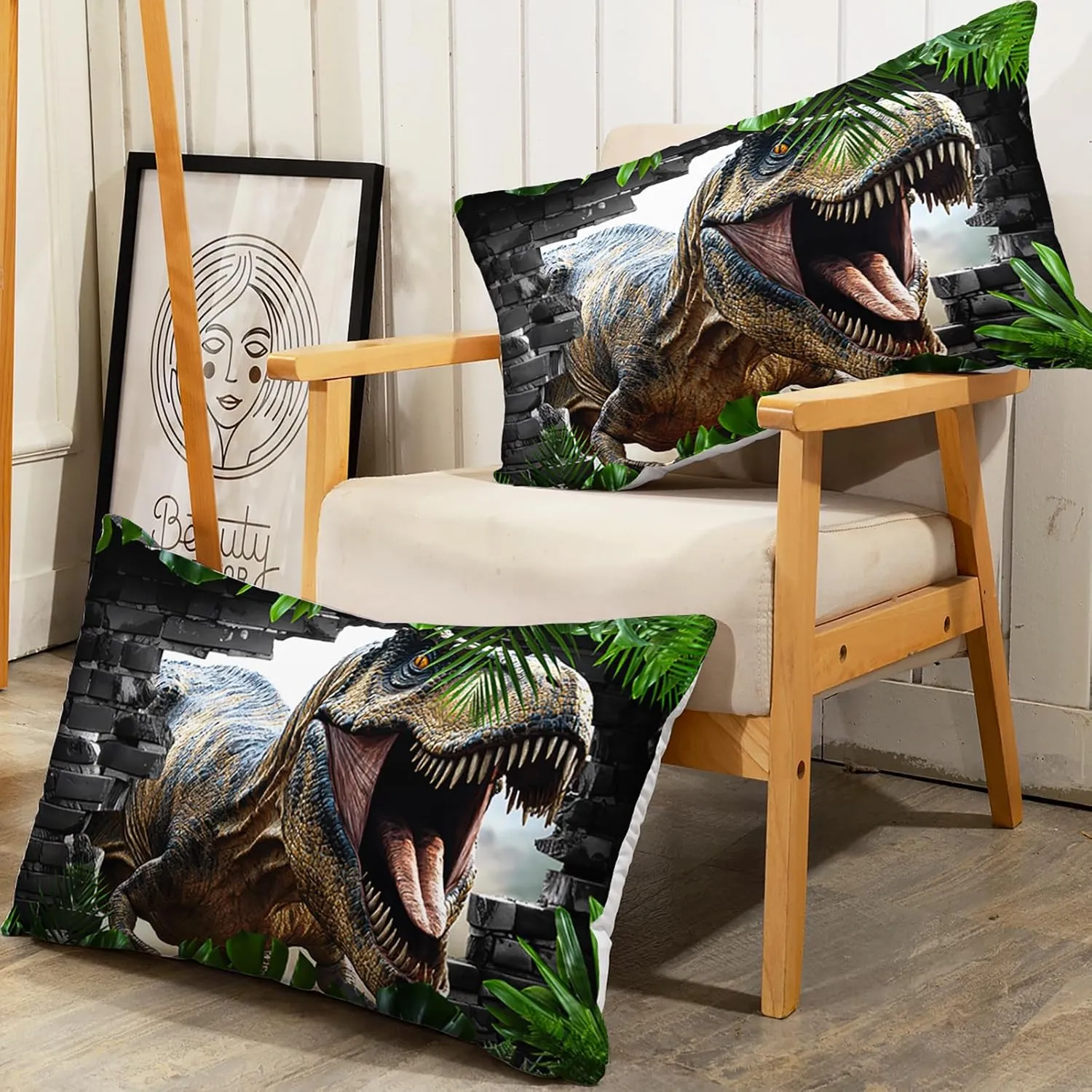 AILONEN Kids Dinosaur Fitted Sheet Set Twin Size, Jungle Plant Dino Bedding Set for Kids Teens Boys,Funny Ancient Animal Bed Sheet Set,1 Fitted Sheet   2 Pillowcases,3Pcs