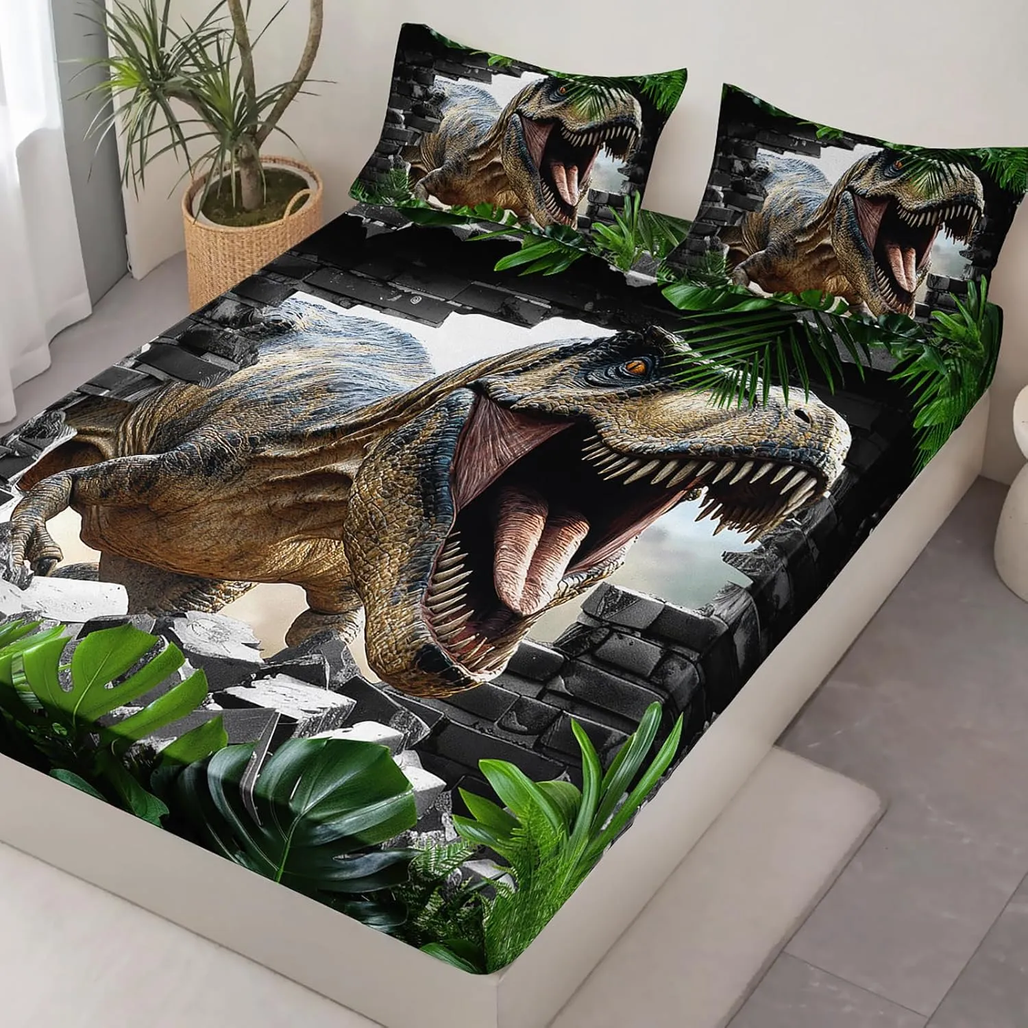 AILONEN Kids Dinosaur Fitted Sheet Set Twin Size, Jungle Plant Dino Bedding Set for Kids Teens Boys,Funny Ancient Animal Bed Sheet Set,1 Fitted Sheet   2 Pillowcases,3Pcs