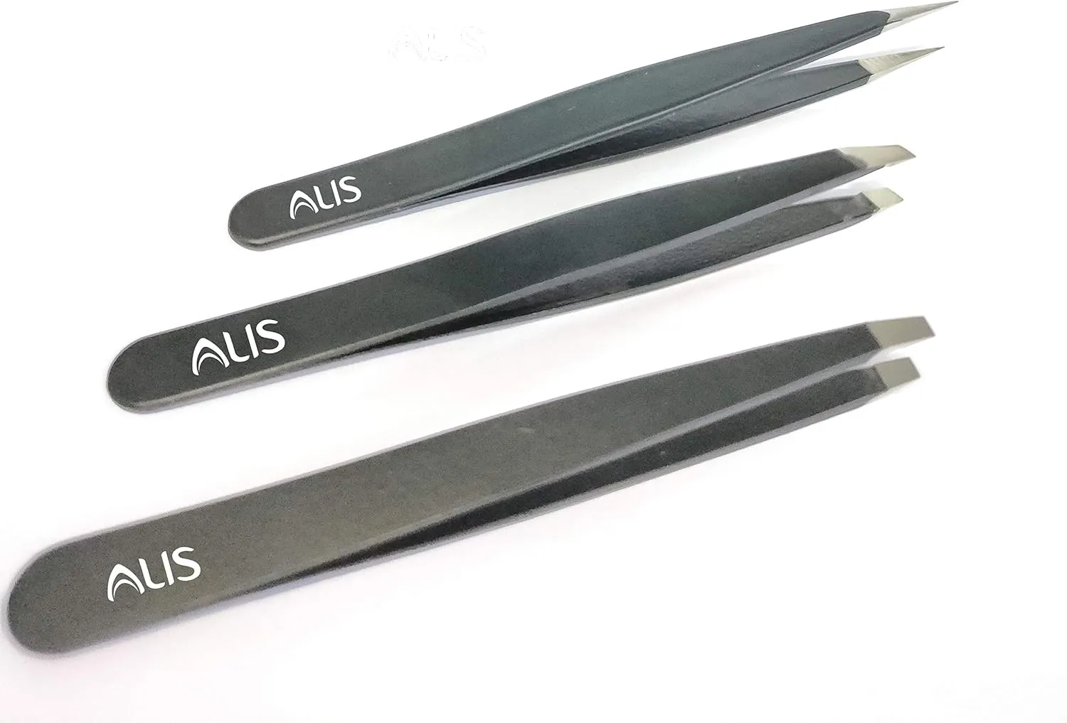 Ali's 3 Pieces Durable Stainless Steel Slant Pointed Flat-Tip Tweezer for Eyebrow Face Nose Hair Removal (Black)