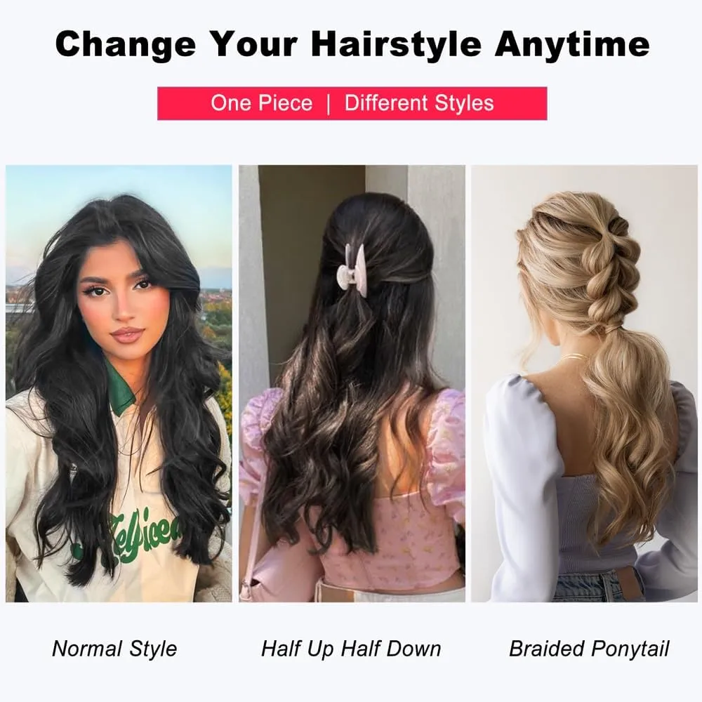 ALXNAN Clip in Hair Extensions, Black Long Wavy Hair Extensions for Women Clip Ins Soft Full Head Synthetic Hairpieces 20 Inch