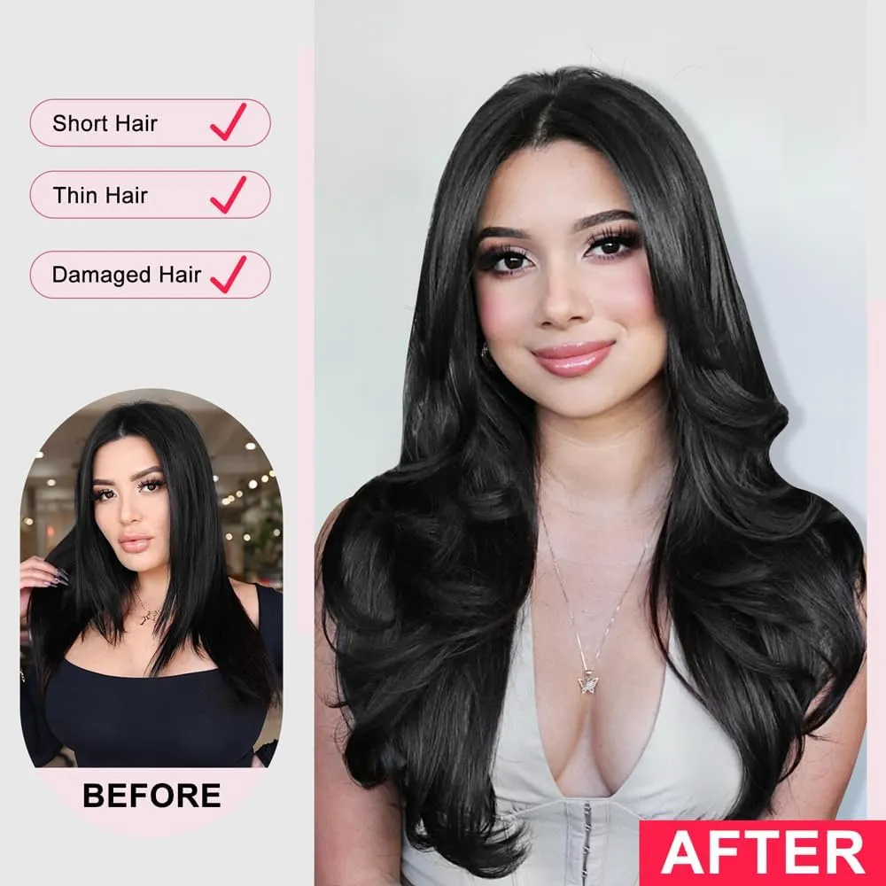 ALXNAN Clip in Hair Extensions, Black Long Wavy Hair Extensions for Women Clip Ins Soft Full Head Synthetic Hairpieces 20 Inch