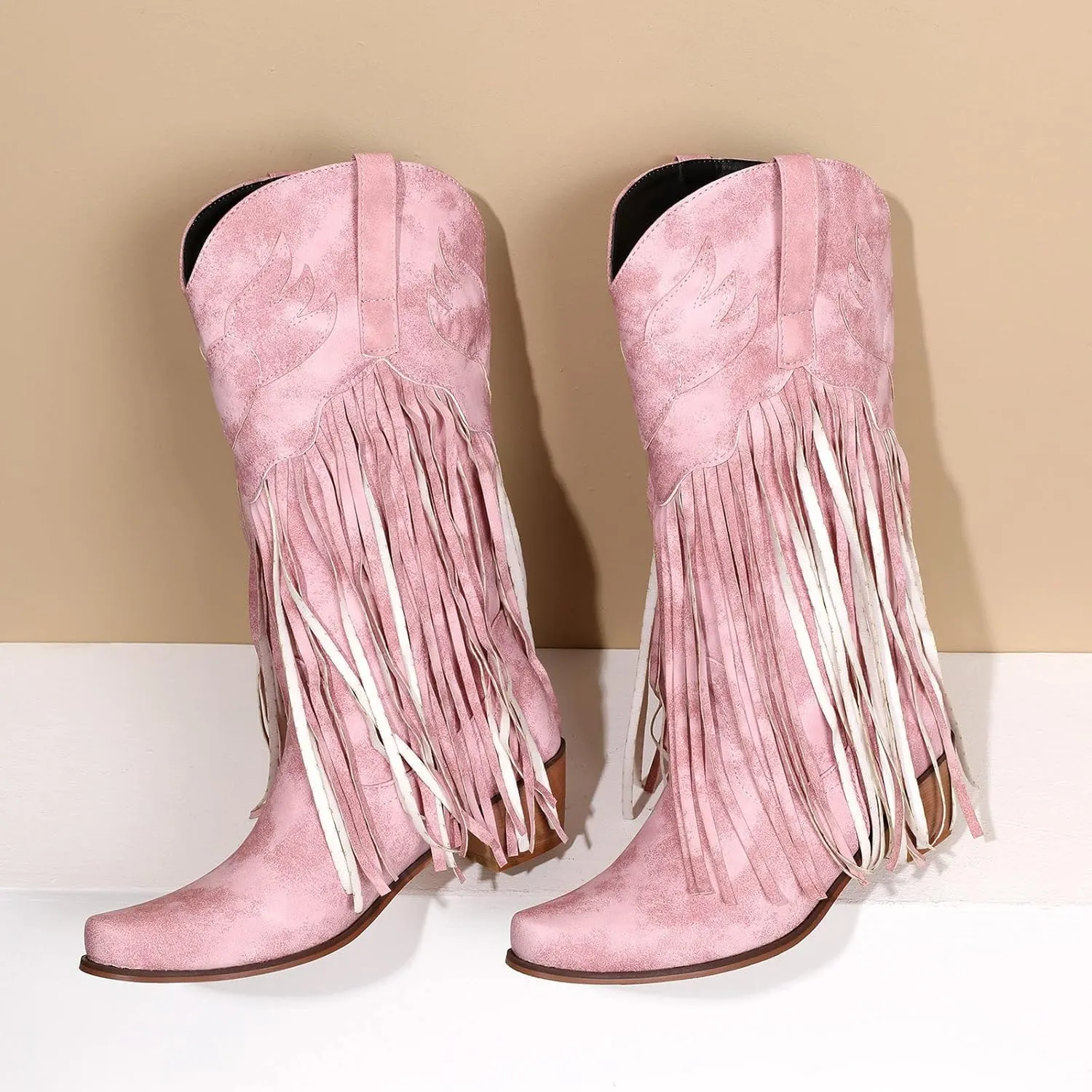 AMDBEL Mid Calf Boots for Women Low Heel Fall Boots for Women 2024 Winter Retro Tassel Pointed Toe Cowboy Boots Fashion Shoes