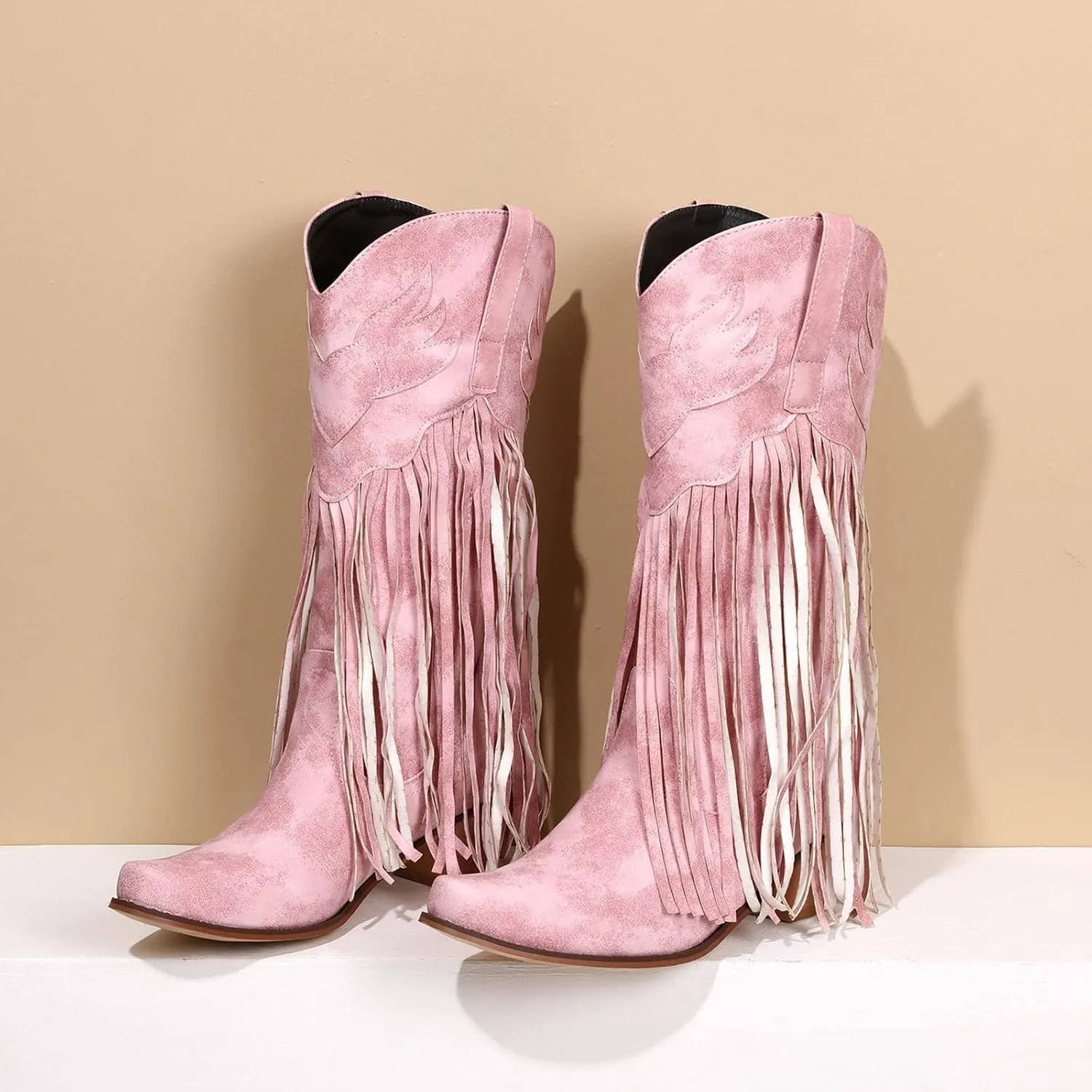 AMDBEL Mid Calf Boots for Women Low Heel Fall Boots for Women 2024 Winter Retro Tassel Pointed Toe Cowboy Boots Fashion Shoes