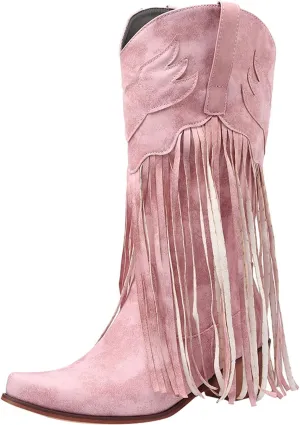 AMDBEL Mid Calf Boots for Women Low Heel Fall Boots for Women 2024 Winter Retro Tassel Pointed Toe Cowboy Boots Fashion Shoes