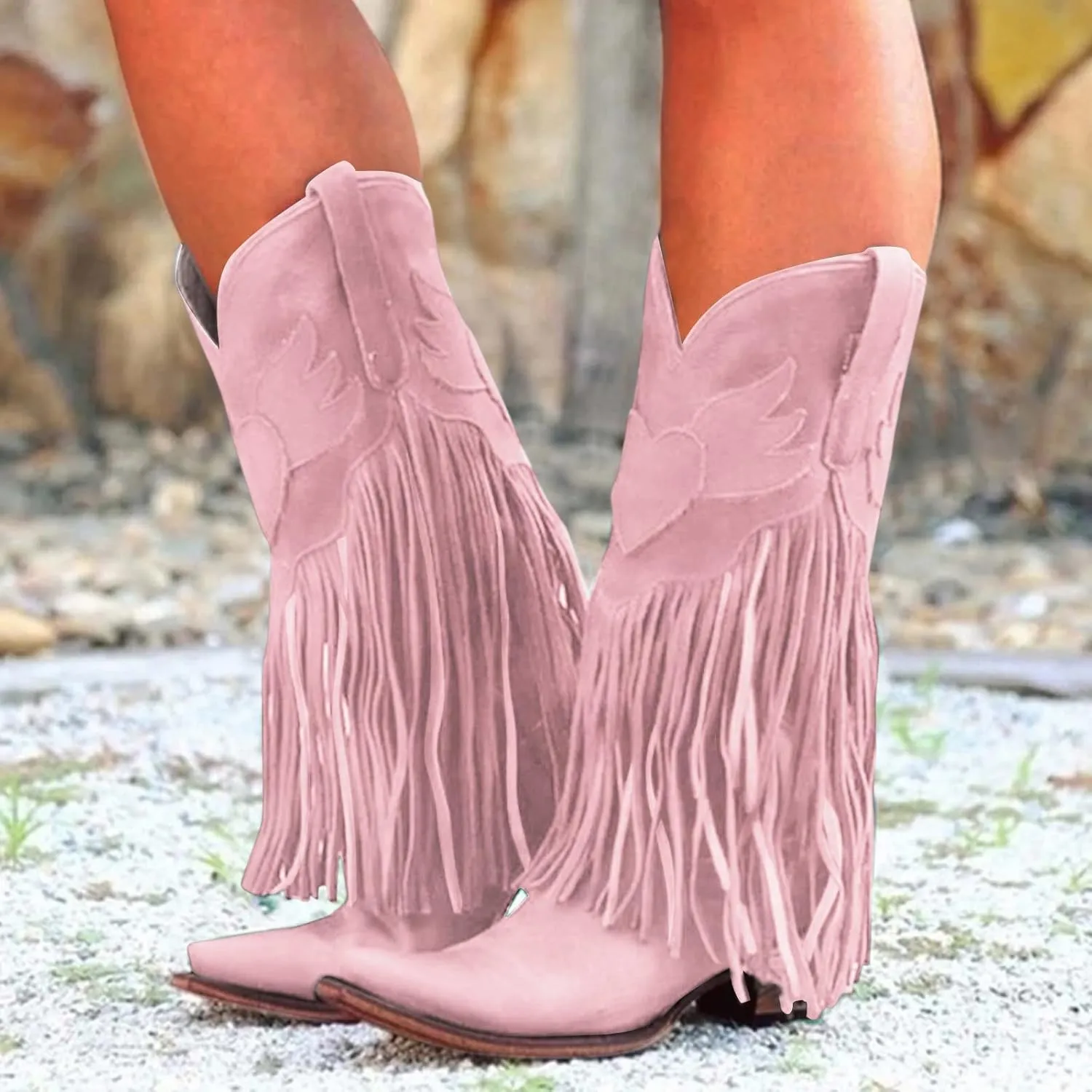 AMDBEL Mid Calf Boots for Women Low Heel Fall Boots for Women 2024 Winter Retro Tassel Pointed Toe Cowboy Boots Fashion Shoes