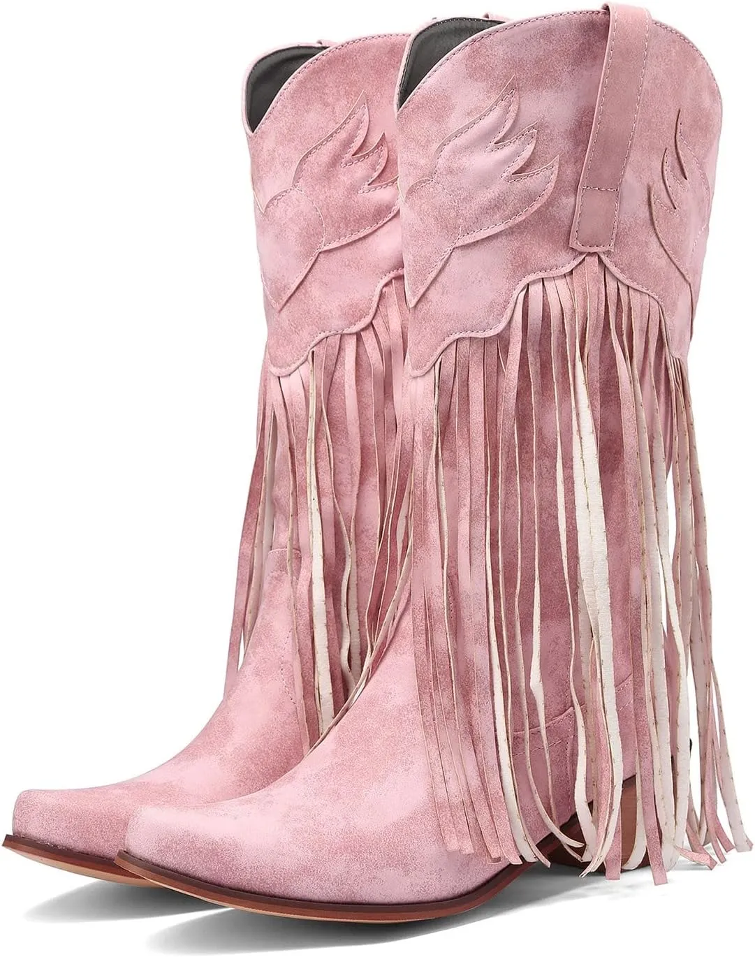 AMDBEL Mid Calf Boots for Women Low Heel Fall Boots for Women 2024 Winter Retro Tassel Pointed Toe Cowboy Boots Fashion Shoes