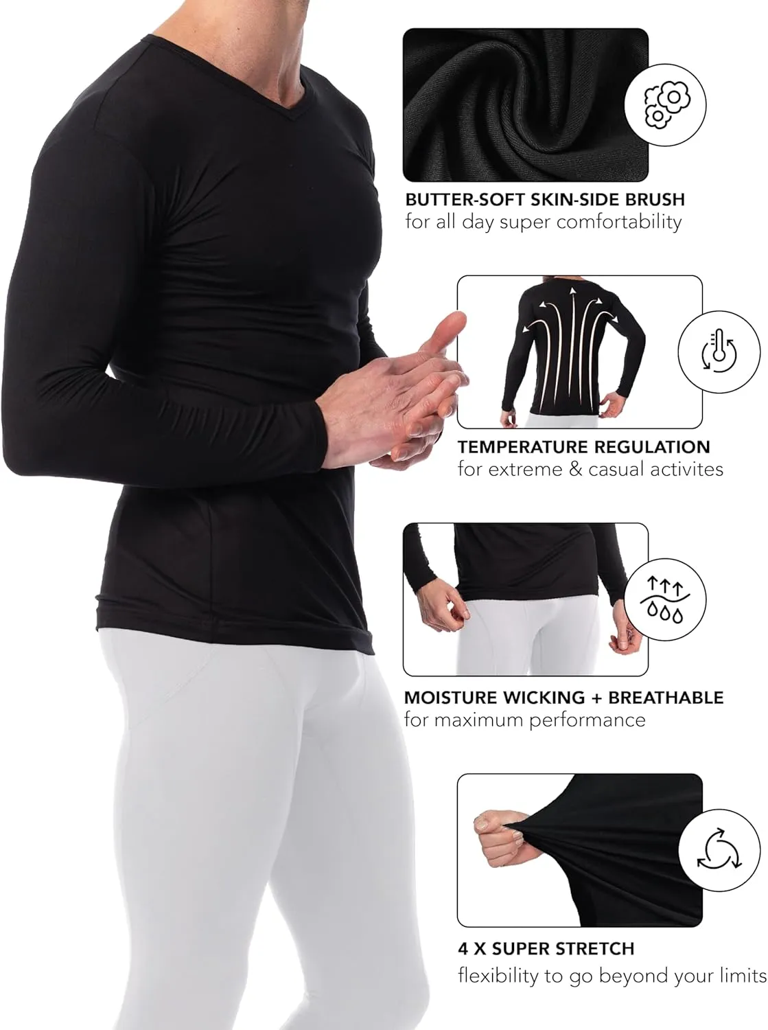 AMERICAN HEAVEN Men's 3 Pack Base Layer Long Sleeve Thermal V Neck Top | Soft & Lightweight Fleece Lined Shirts