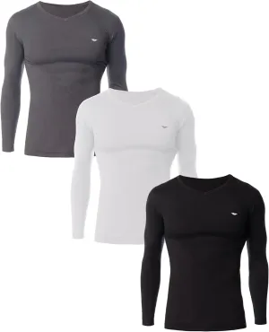 AMERICAN HEAVEN Men's 3 Pack Base Layer Long Sleeve Thermal V Neck Top | Soft & Lightweight Fleece Lined Shirts