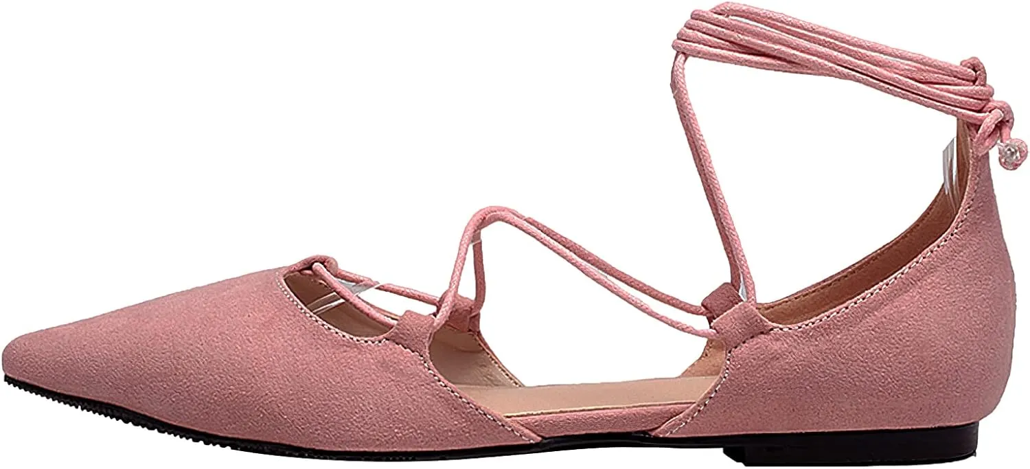 ANUFER Women Soft Faux Suede Flat Pointed Toe Pumps Fancy Cross Lace Up Ballerinas Shoes