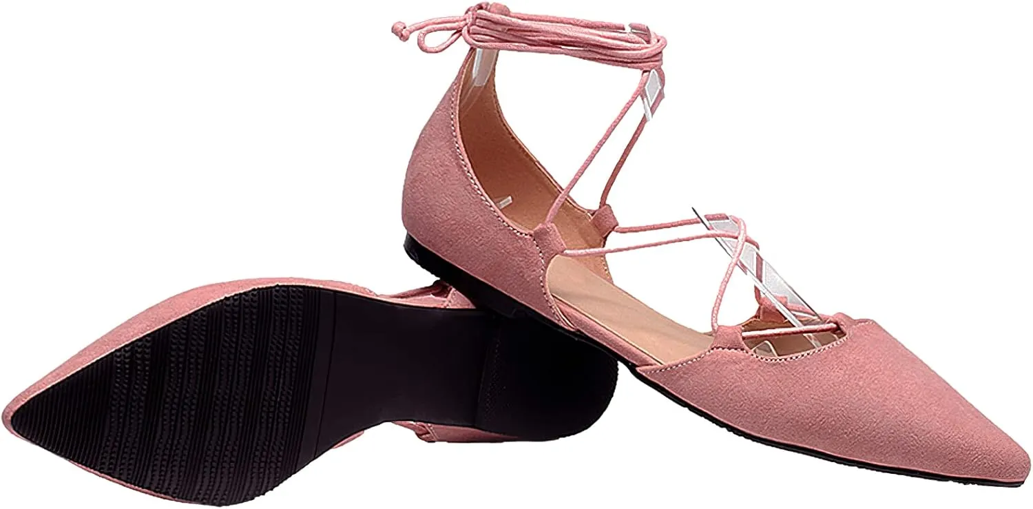ANUFER Women Soft Faux Suede Flat Pointed Toe Pumps Fancy Cross Lace Up Ballerinas Shoes