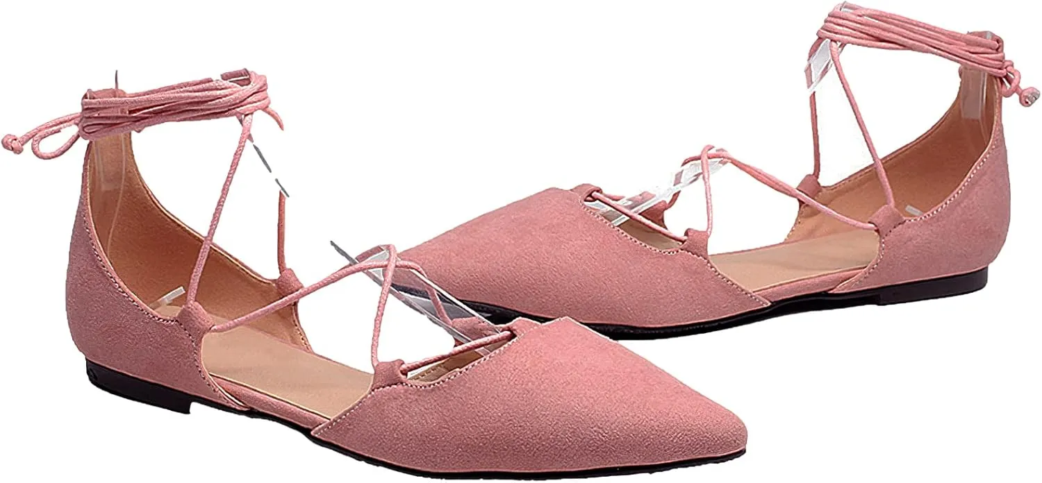 ANUFER Women Soft Faux Suede Flat Pointed Toe Pumps Fancy Cross Lace Up Ballerinas Shoes