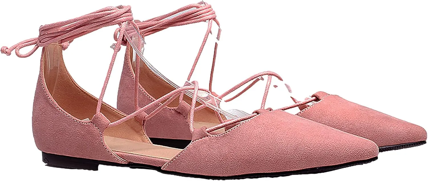 ANUFER Women Soft Faux Suede Flat Pointed Toe Pumps Fancy Cross Lace Up Ballerinas Shoes