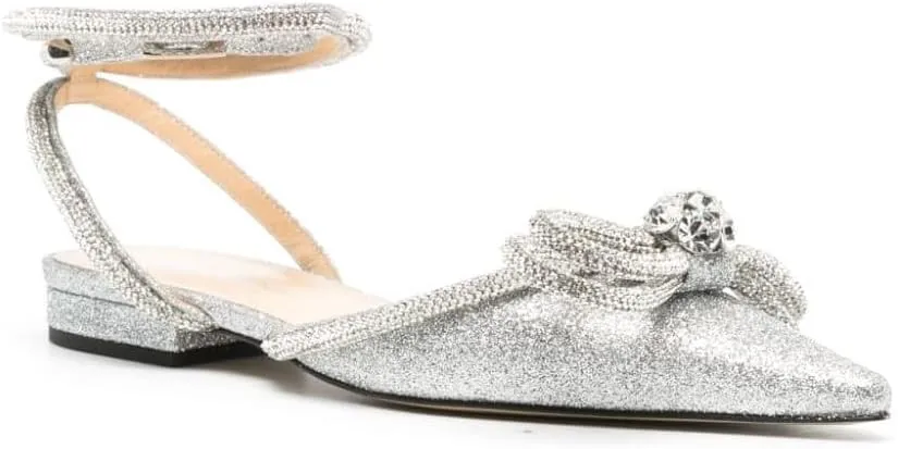 Arqa Double Bow Crystal Embellished Flats Women's Rhinestone Ankle Straps Ballet Flat Pointed Toe Bows Ballerina Shoes